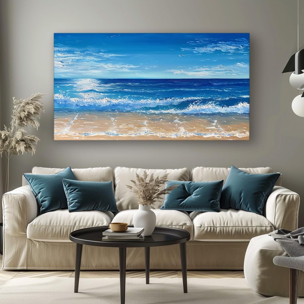 MKBKLI Paintings for Living Room Blue Beach Sea Water Large Canvas Wall Art, Contemporary Decorative Picture for Lounge, Bedroom and Interior Design 60x120cm
