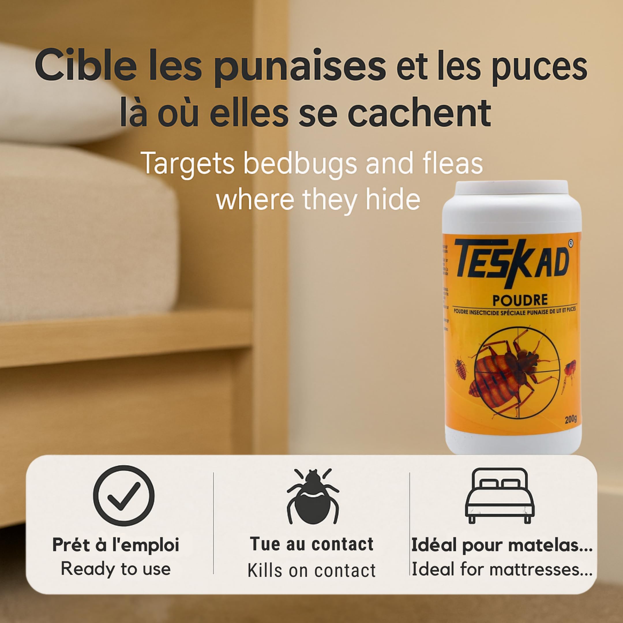 Poudres anti punaises de lit et puces Teskadust 200g (1) – Formule à Base de Cyphénothrine – Action Choc par Contact – Utilisation Directe sur Matelas, Plinthes, Fissures et Sacs à Vêtements