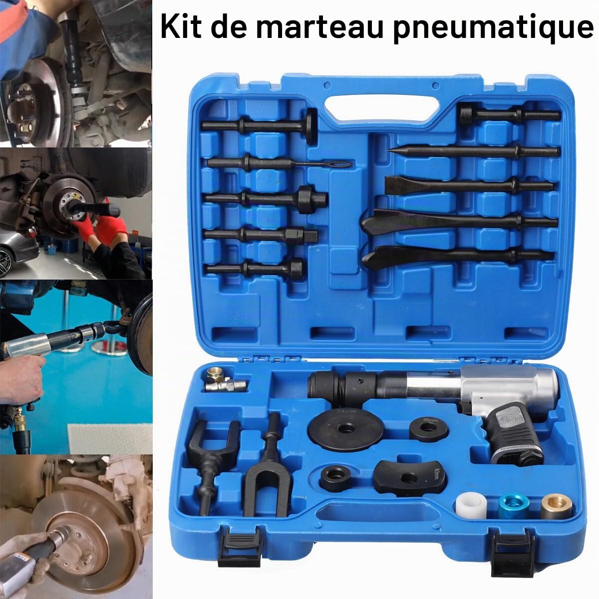 Lot de Burins Pneumatiques 15 pièces Marteau à percussion Ball Joint Dismantling Marteau avec burin, 2200 tr/min avec mandrin à changement rapide Amortissement