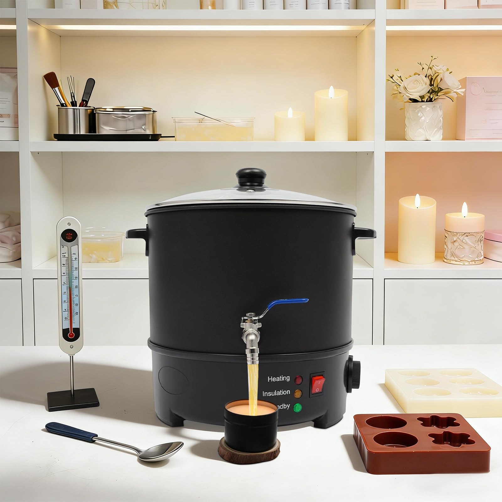 Lumivew Scaldacera da 1000 W, in acciaio inox, per la produzione di candele, con rubinetto in rame, intervallo di temperatura 50-100 °C, adatto per cera di soia, cera d'api, cera di paraffina (10 l)