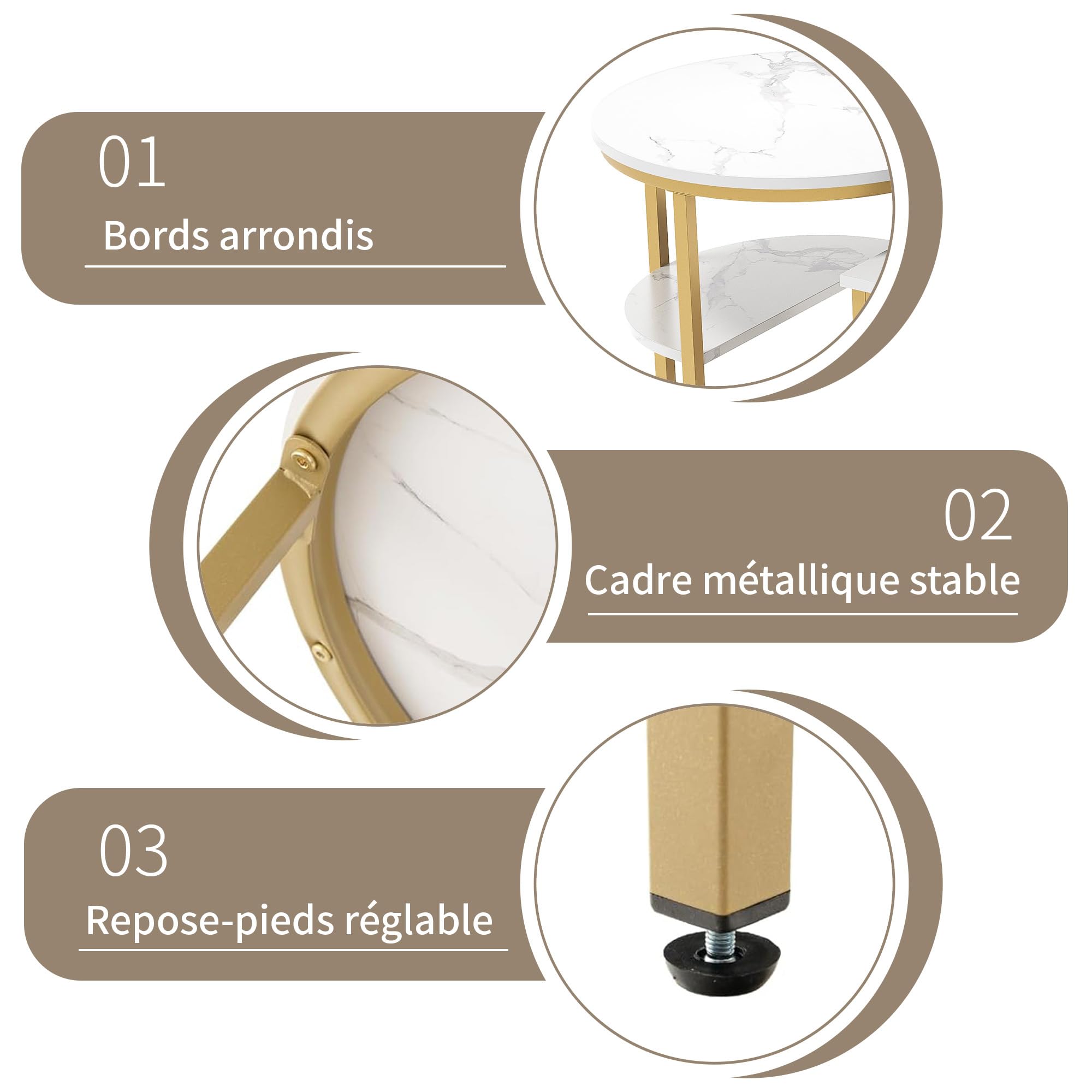 Set di 2 tavolini ovali, set di 2 tavolini 2 in 1 con spazio di archiviazione, tavolino in marmo effetto tavolino da salotto per soggiorno, balcone e ufficio (ovale, bianco + oro)