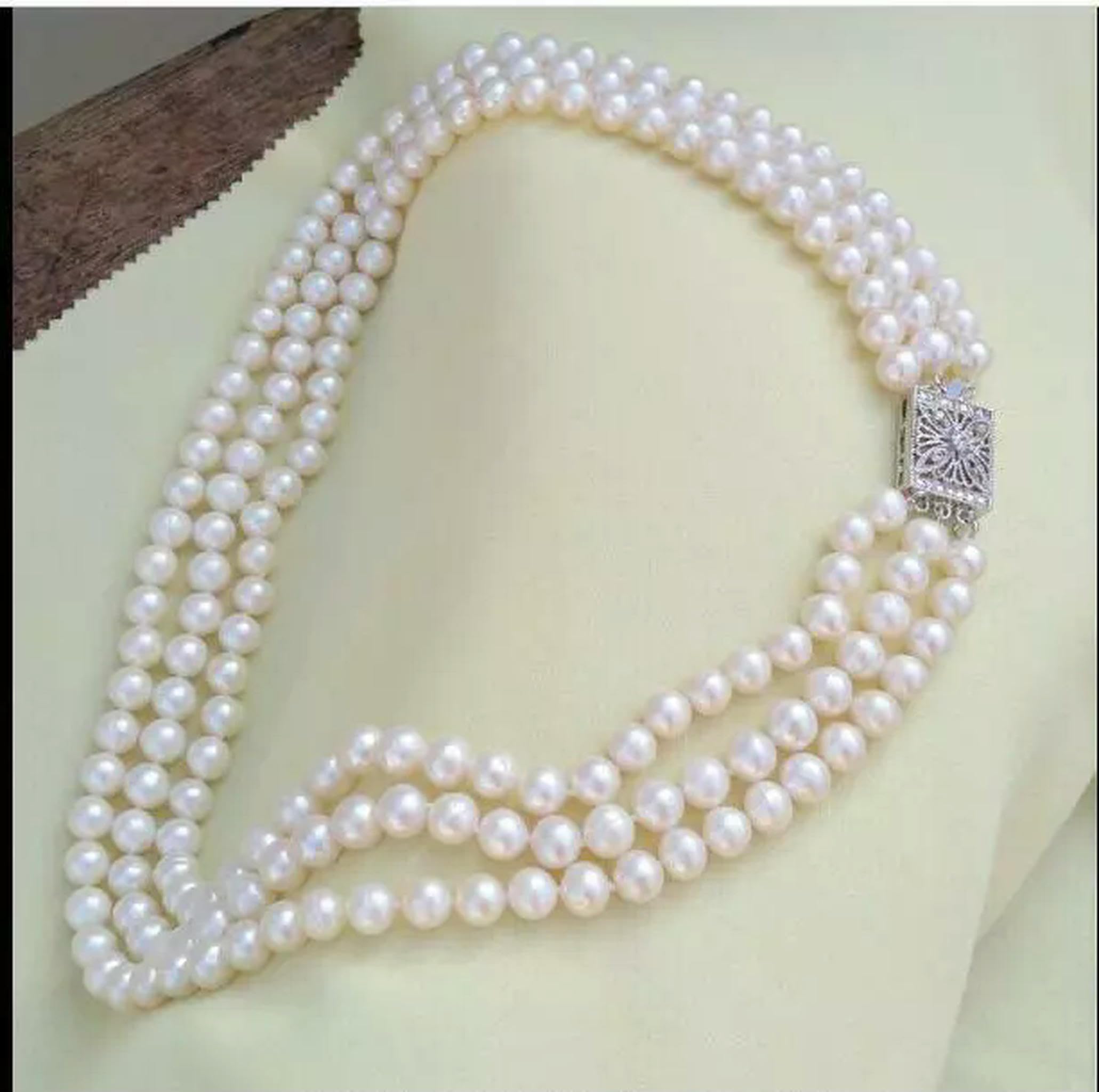 Collar de Tres Vueltas con Perlas Blancas genuinas de los Mares del Sur (AAA), 7-8 mm, 45,7 cm, 48,2 cm y 50,8 cm, Plata 925