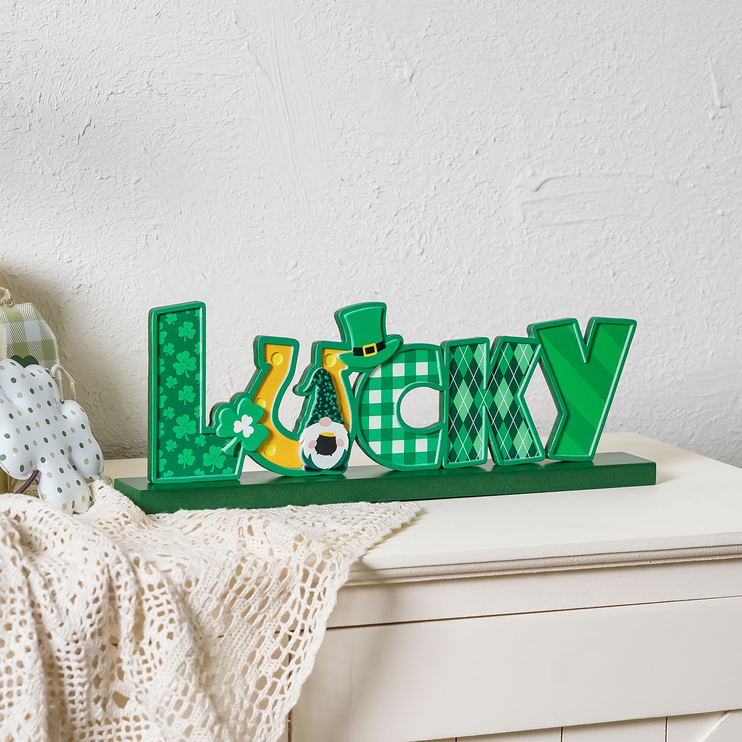 Condition photo showing New/Like New for nikky home st. patrick's day decorations, wooden lucky table sign irish clover decor letter table centerpiece for indoor home tabletop decor party gift