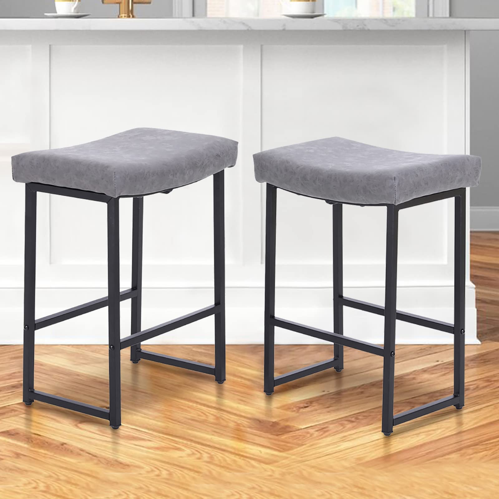 ALPHA HOME Bar Stools Backless Saddle Seat Barstools Modern PU Leather Cushion Counter Height Chairs Set of 2 for Kitchen Island, Dining Pub and Bistro, 24 Inches, Grey, 2PCS