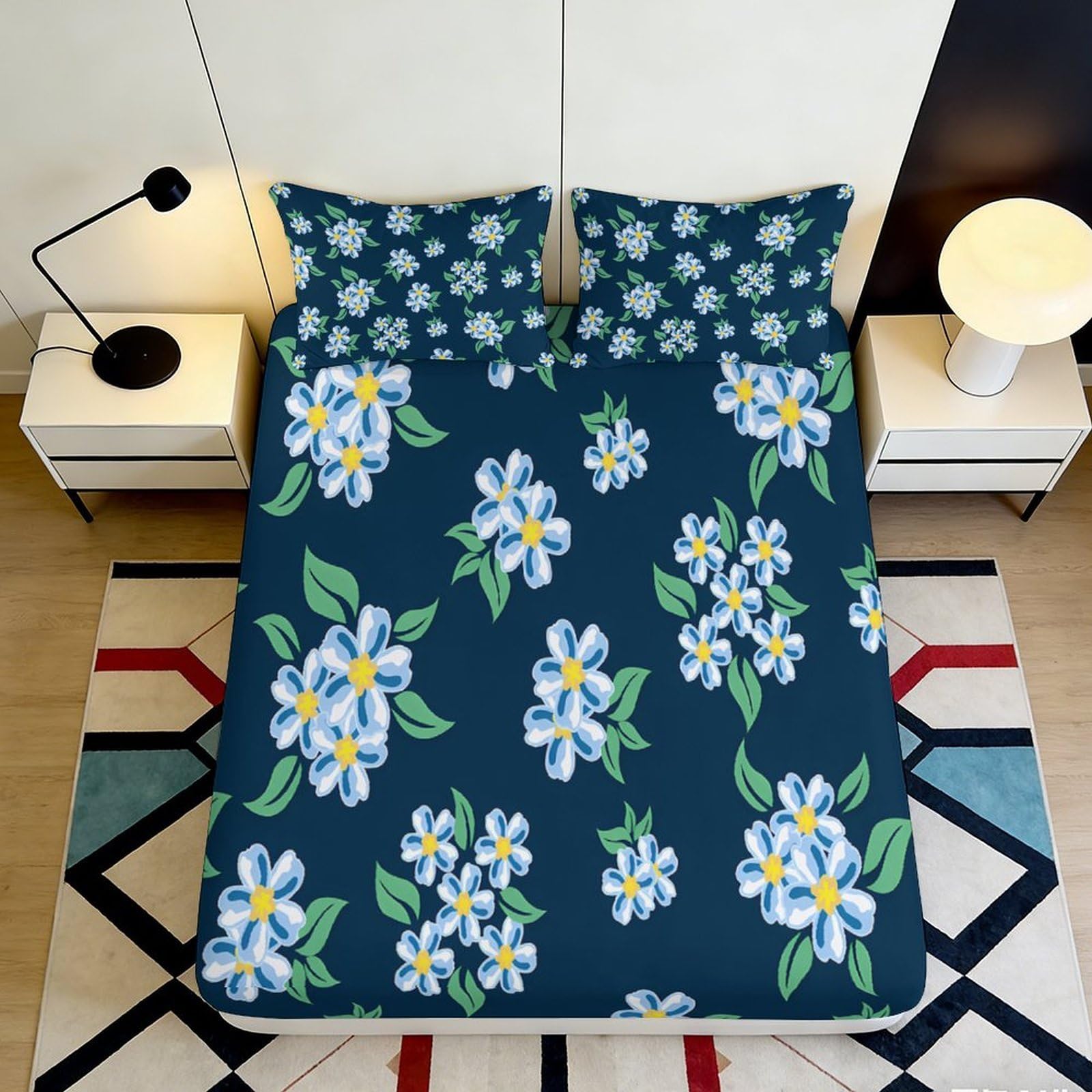 3D Printed Floral Blossom Fitted Sheet Microfiber Soft Blue Daisy Mattress Cover for Bedroom Guest Room Decor Protection 90x200x25cm