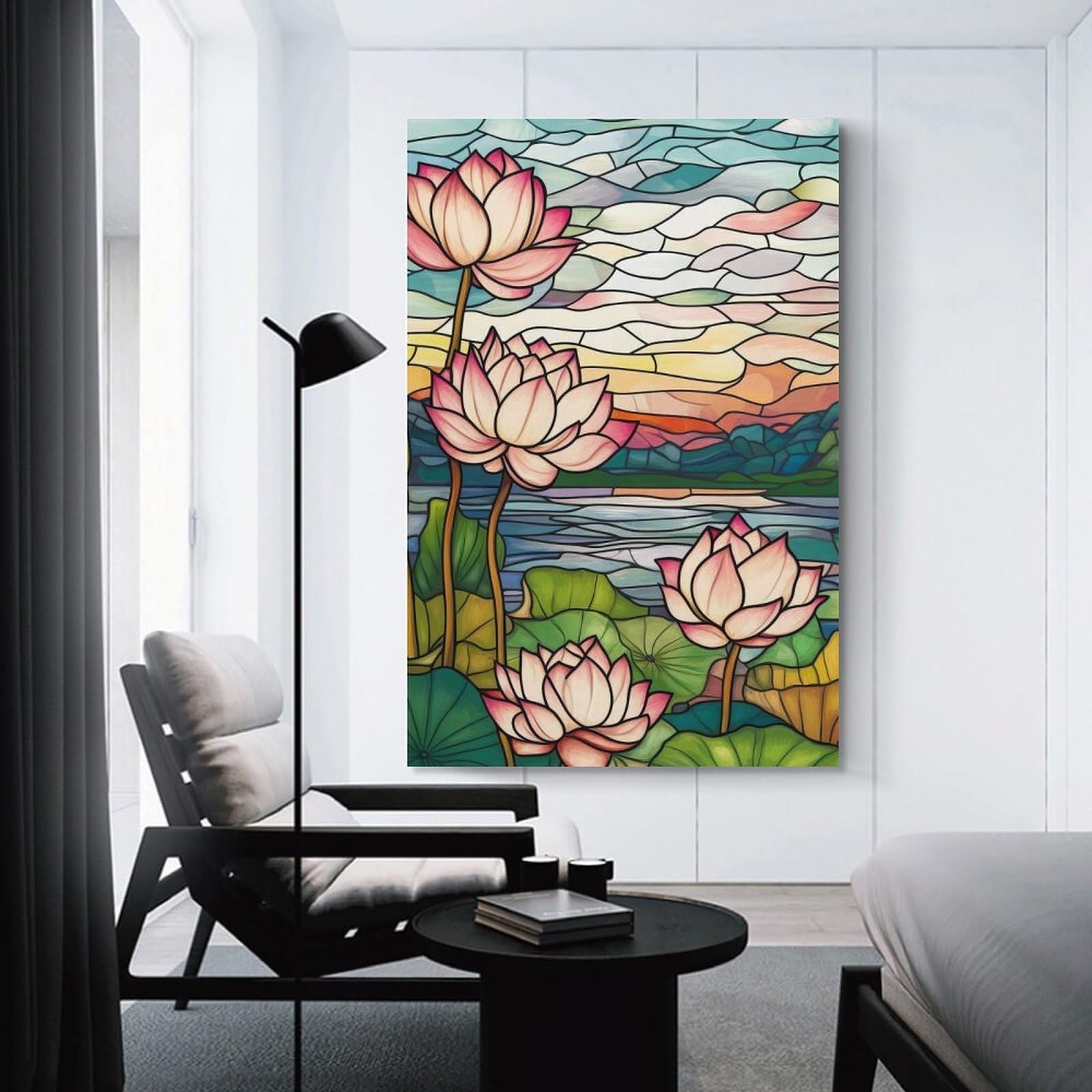 Junmoney Home Decor Wall Art Lotus Flowers Stained Glass, 24x36inch(60x90cm), for Workspace Walls, Study Corners Or Bedrooms, A Smart Decor Choice for Study Walls