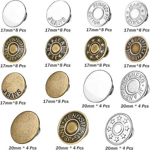 Miniatura 8 de 100 juegos de botones para jeans, 0.669 in y 0.787 in sin coser, botones de metal ajustables extraíbles y sin coser, botones de mezclilla para