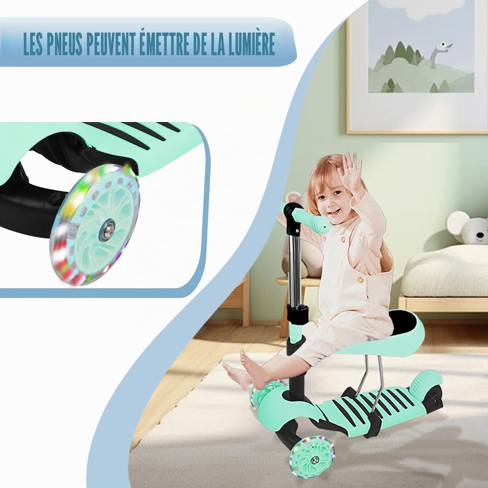 Trotinette Enfant 2-8 Ans 3 en 1 avec siège Amovible Trotteur évolutive Roues Lumineuses sans Pile Pliable