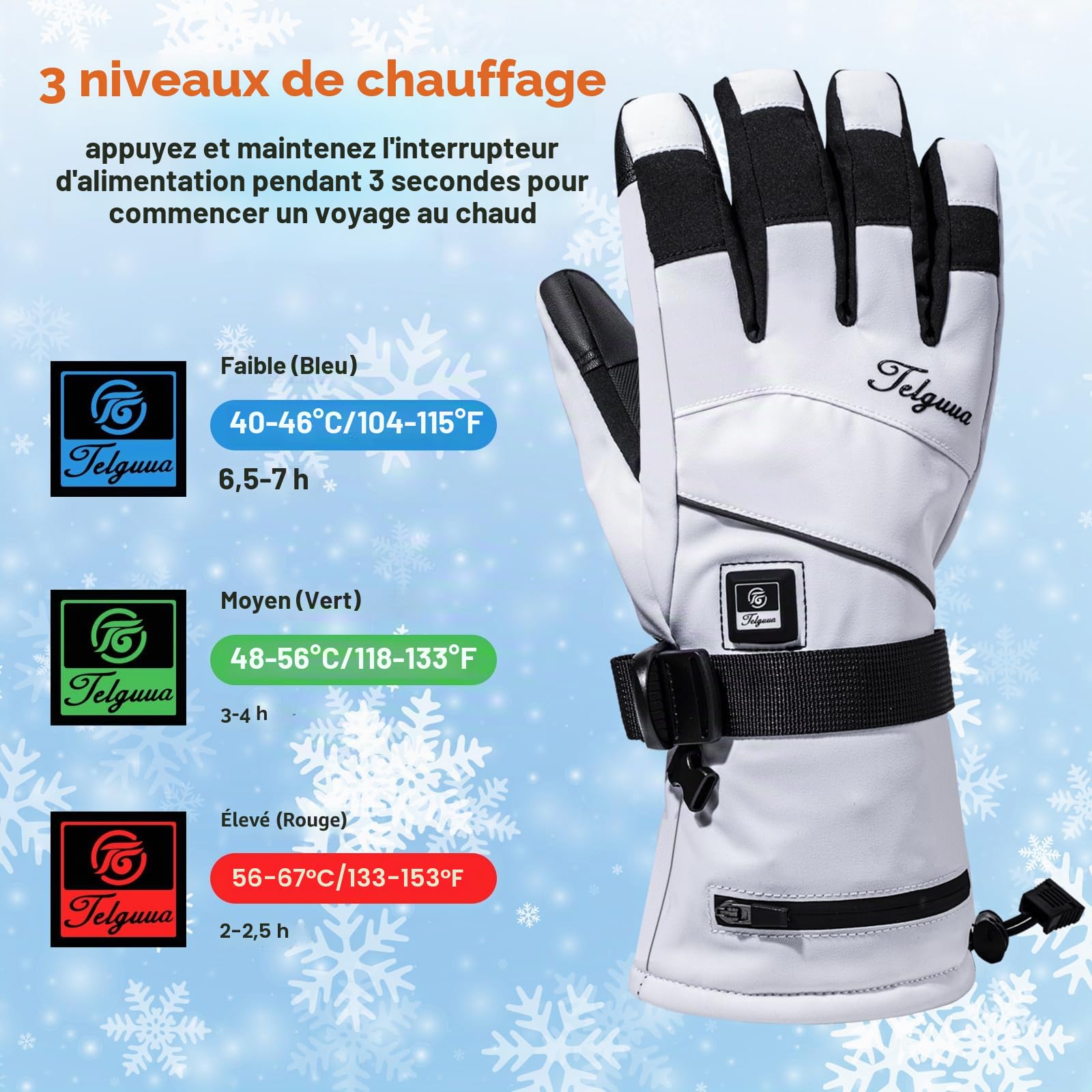 Telguua Gants Chauffants pour Femme et Homme,Touchables à l’écran Gant Chauffants avec Batterie Rechargeable 7.4V 5500mAh Chauffage Plus Rapide/Stable,3 Températures Réglables, pour Moto,Cyclisme,Ski
