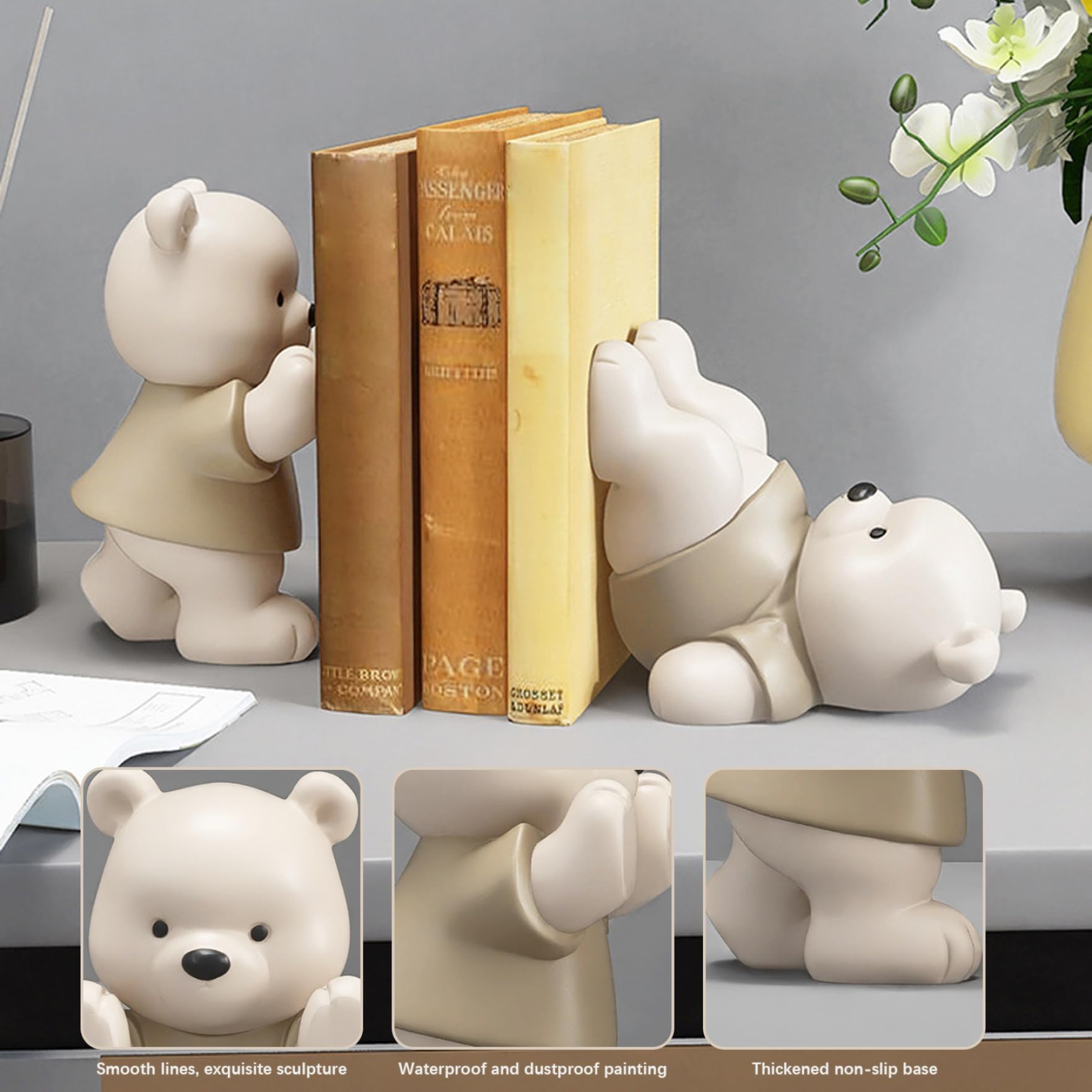 Set di 2 fermalibri decorativi a forma di orso, in resina, impermeabili, antiscivolo, per mensole, scrivania, casa, ufficio, inaugurazione della casa, regalo di inaugurazione della casa, simpatico