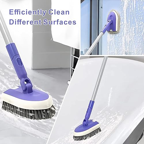 Miniatura 4 de Cepillo de limpieza 2 en 1 para tina de azulejos con mango largo extensible de 46.8 pulgadas, cepillo de limpieza para mopa de ducha y bañera con 2