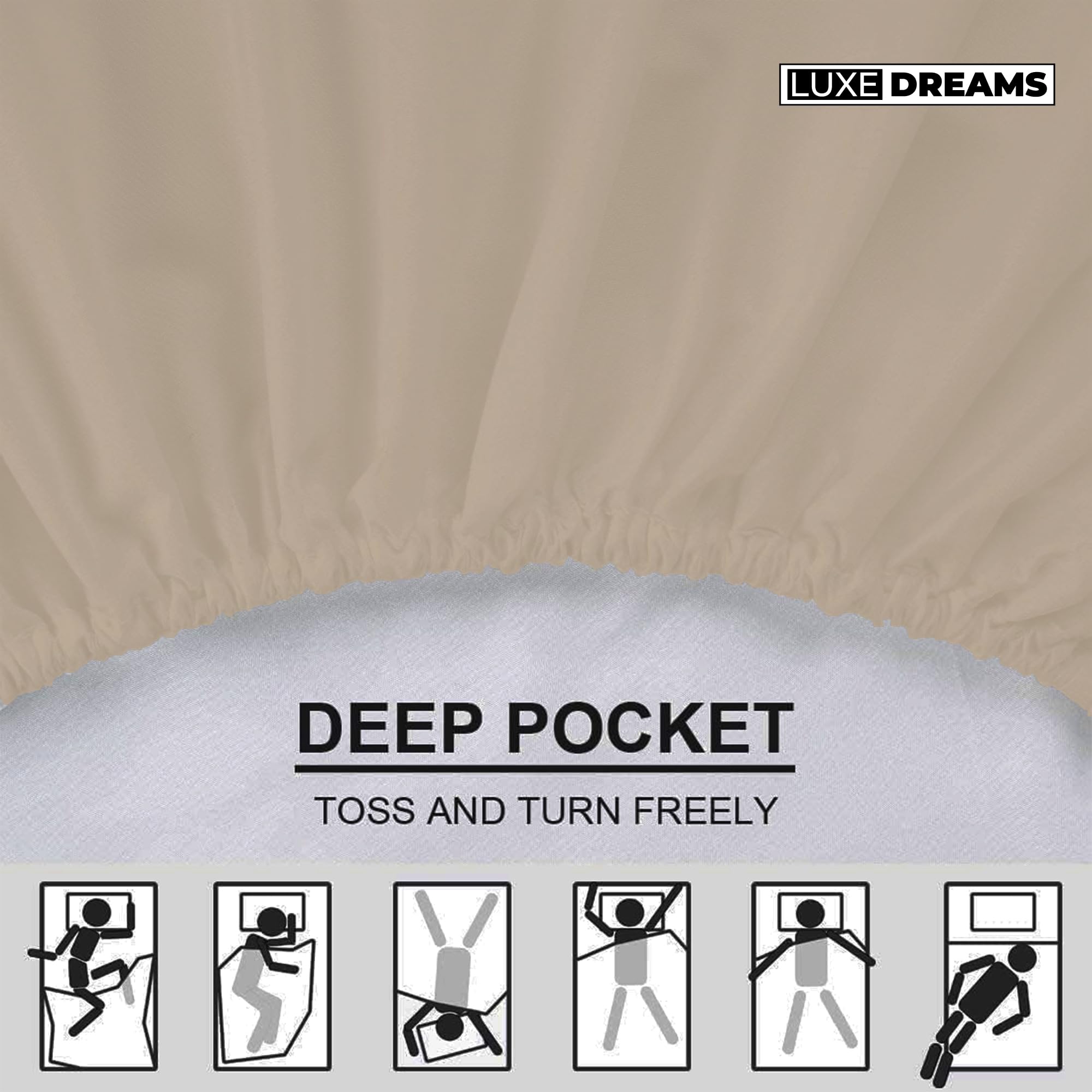 Luxe Dreams Double Fitted Sheet Deep Pocket 12 inches (30cm) Sand 100% Cotton - Image 3