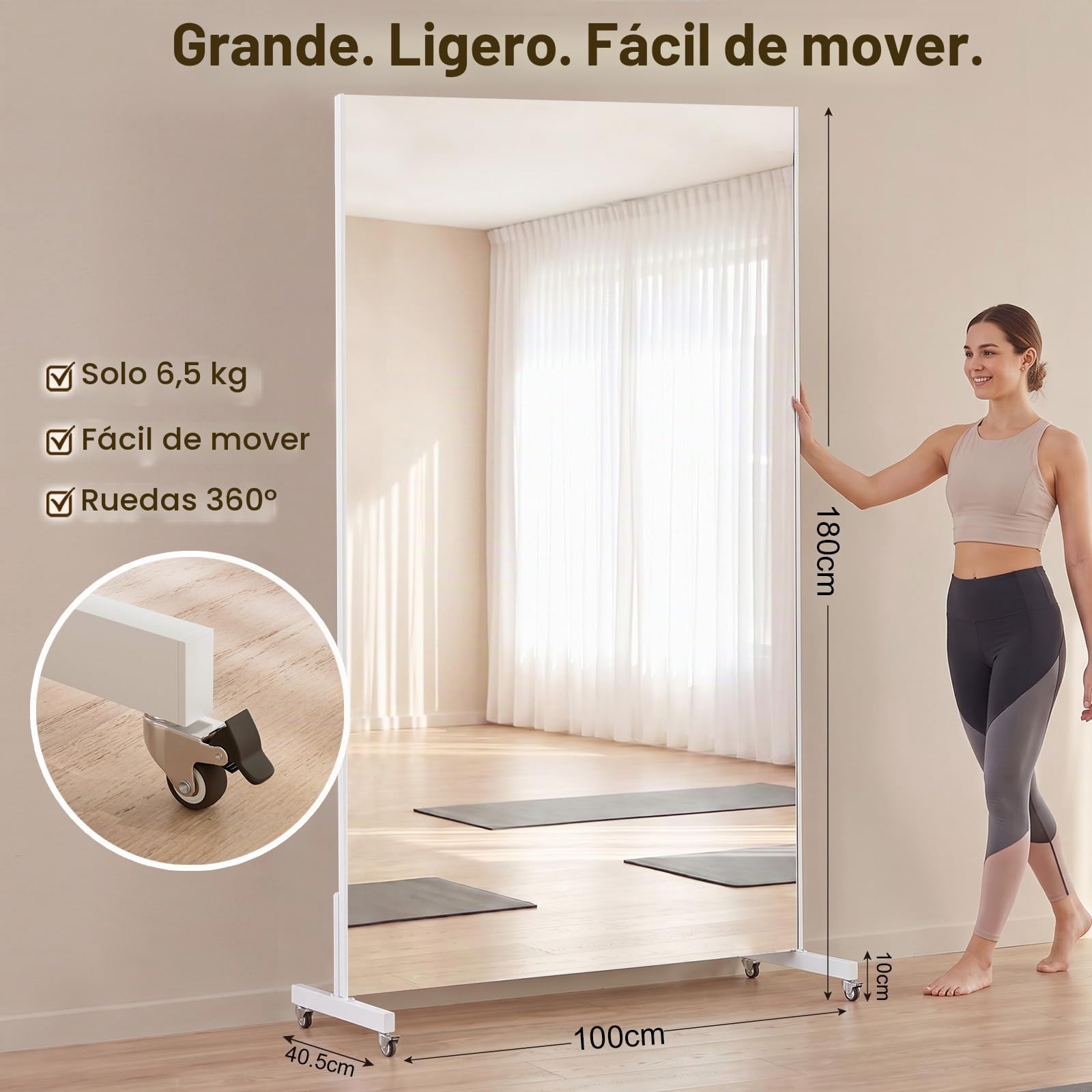 brisafe Espejo de Cuerpo Entero, 170 x 100 cm, Grande Espejo de Pie con Ruedas, Espejos Irrompible con Marco de Aluminio Blanco, Giratorio 360° para Gimnasio en Casa, Dormitorio, Entrada y Pasillo