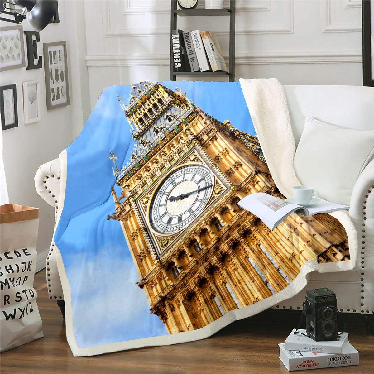 Loussiesd Boys Multi 8 3D Big Ben Sherpa Blanket For Kids Girls London Cityscape Throw Blanket World Famous Fleece Blankets Luxury European Style Plush Blankets,Room Decor Fuzzy Blanket Single 50"X60"