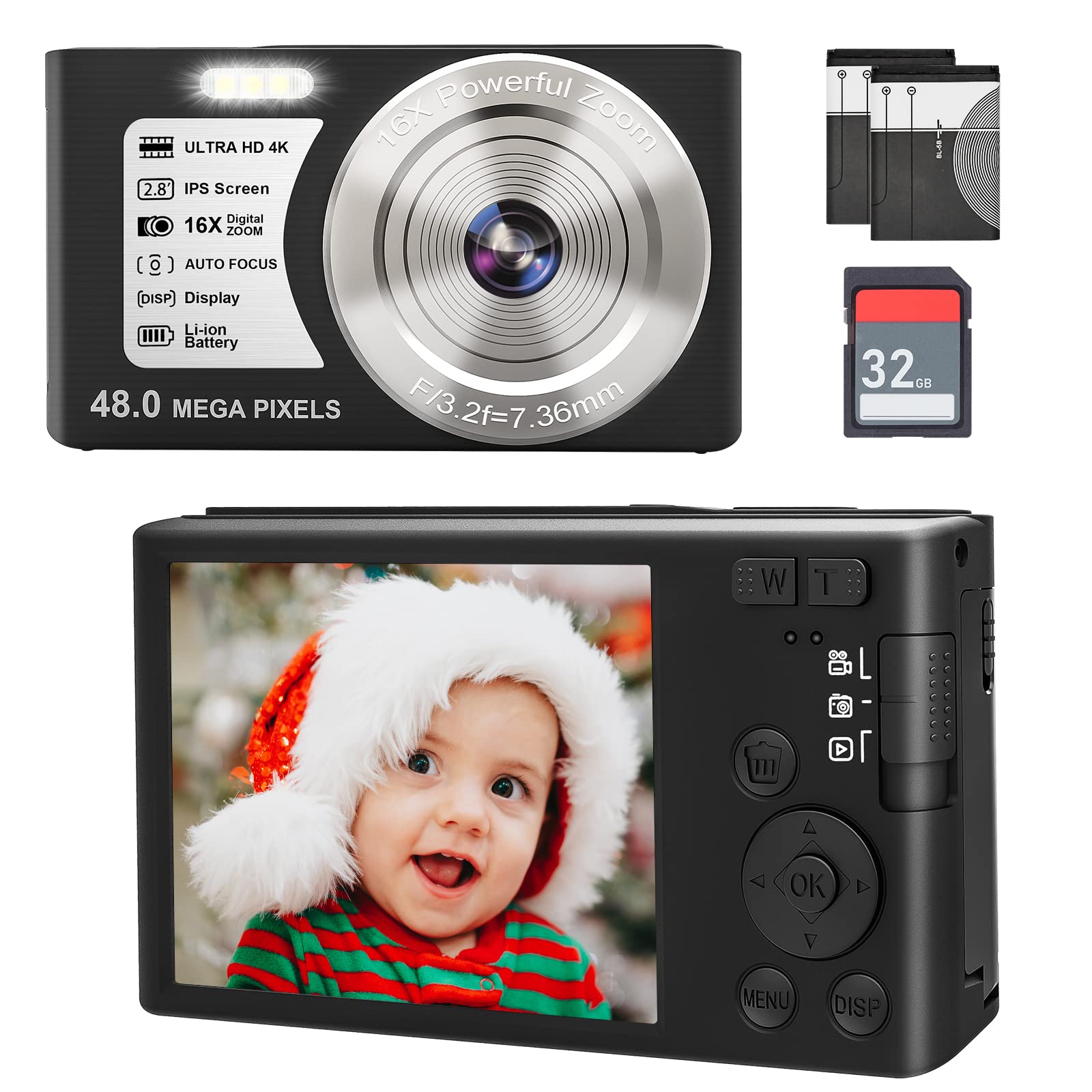 4K 48MP Kids Camera 2.8’’ Screen 16X for Digital Camera 32GB Micro SD Card and 2 Batteries Convenient and Easy to Operate Digital Camera Black