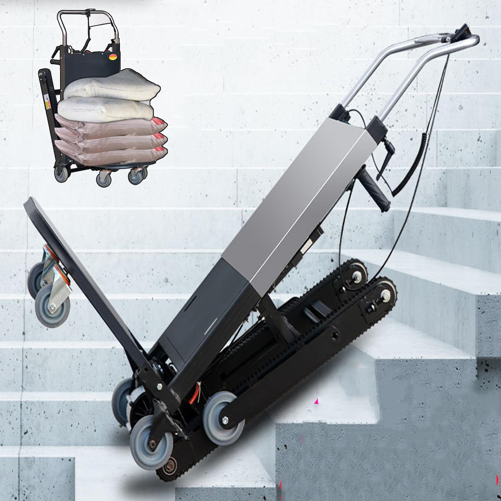 LMFLXOFD Electric Stair Climbing Machine,Sack Truck,300kg Capacity,Climb 3,000-6,000 Steps,Tracked Design,Foldable,Silent,for Moving,4-6h Battery Life,for Logistics,Transport,72Ah