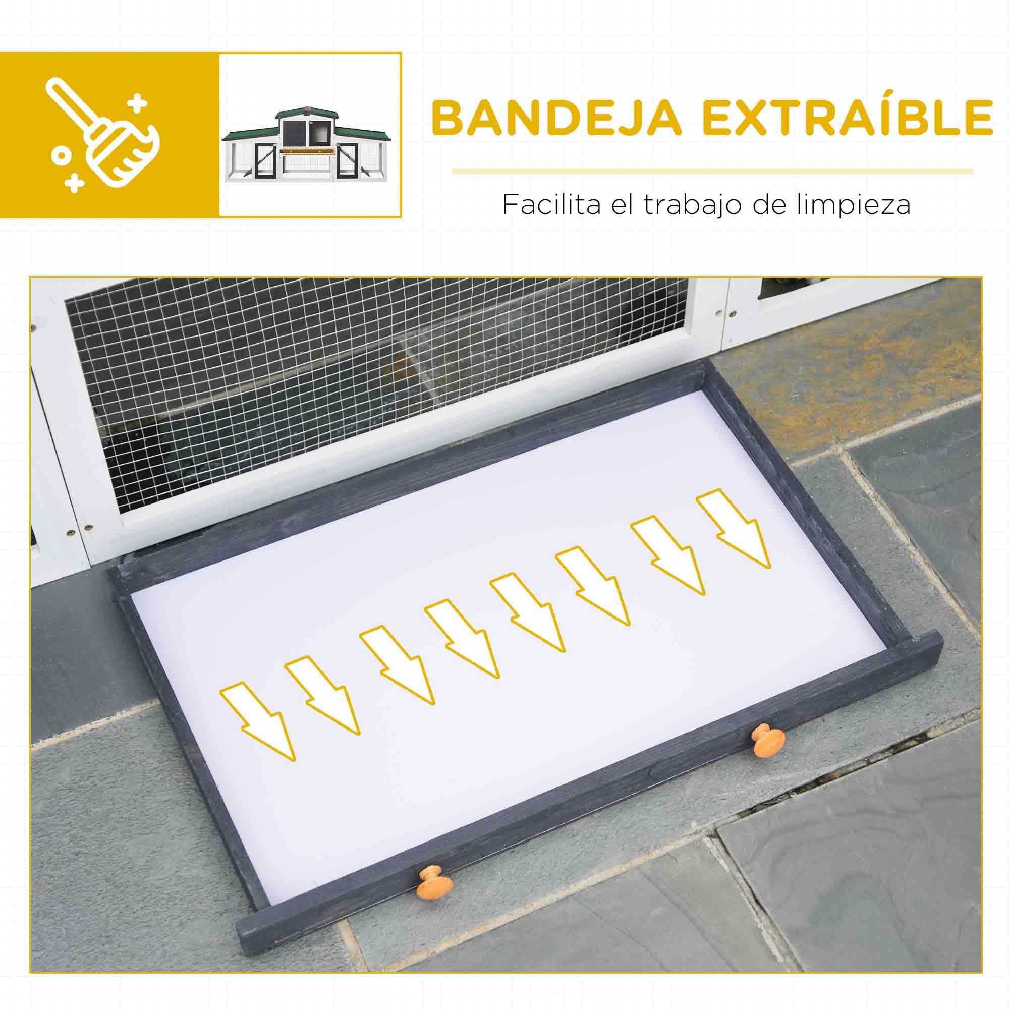 PawHut Conejera de Madera Jaula para Conejos con Techo Abatible Escalera y Bandeja Extraíble Conejera para Exterior 197x49x86 cm Gris