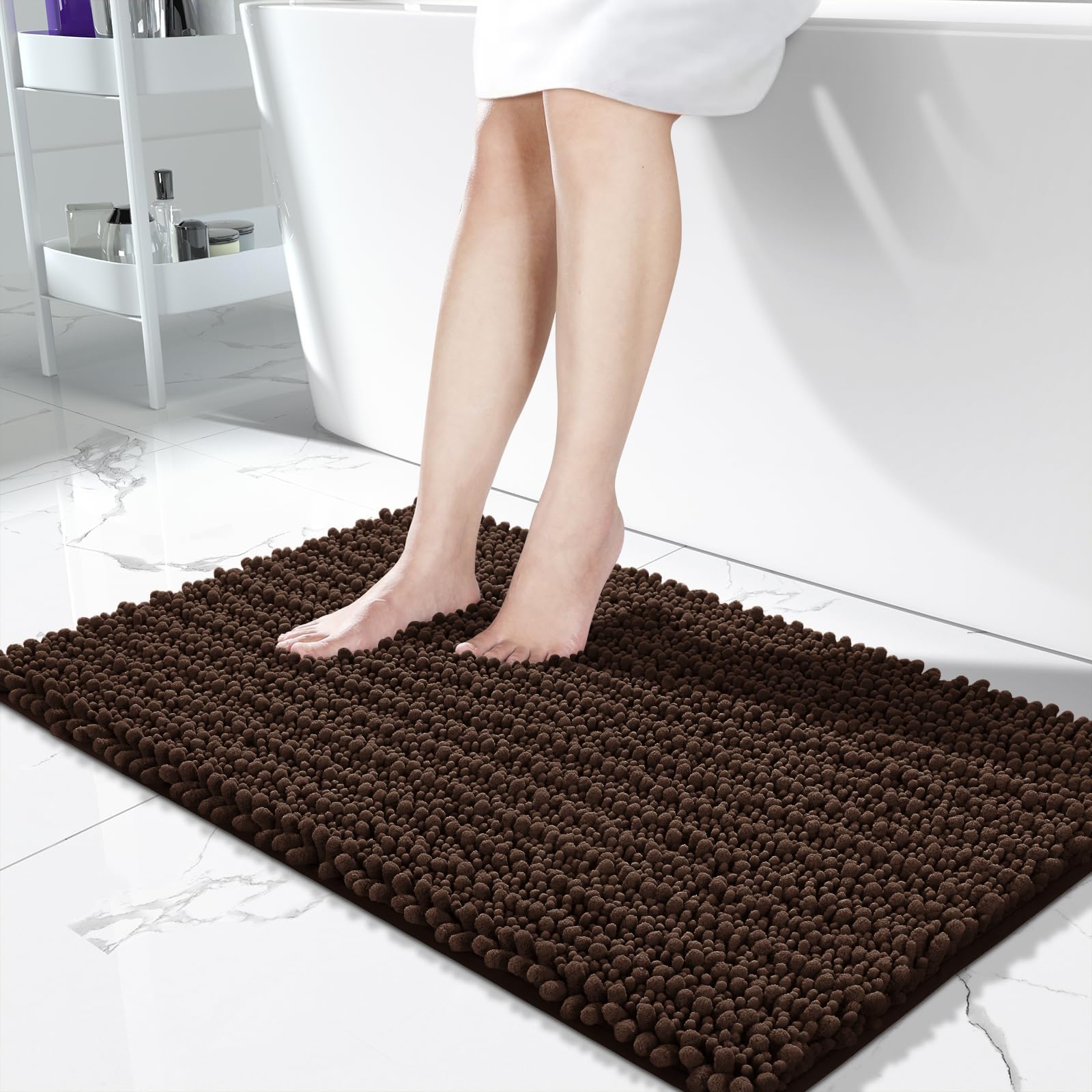 Yimobra Long Bathroom Rugs Non Slip Washable 44x24 Inch - Ultra Soft Absorbent Chenille Bath Mat, Quick Dry Shaggy Floor Carpet for Tub Shower, Brown Home Decor Accessories