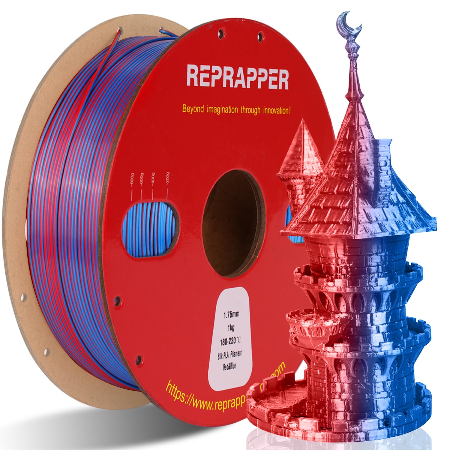 Reprapper Dual Color Filament Coextrusion PLA Filament 1.75mm for 3D Printer, Multicolor Like Rainbow PLA, 2.2lbs (1kg), Silk PLA Red & Blue