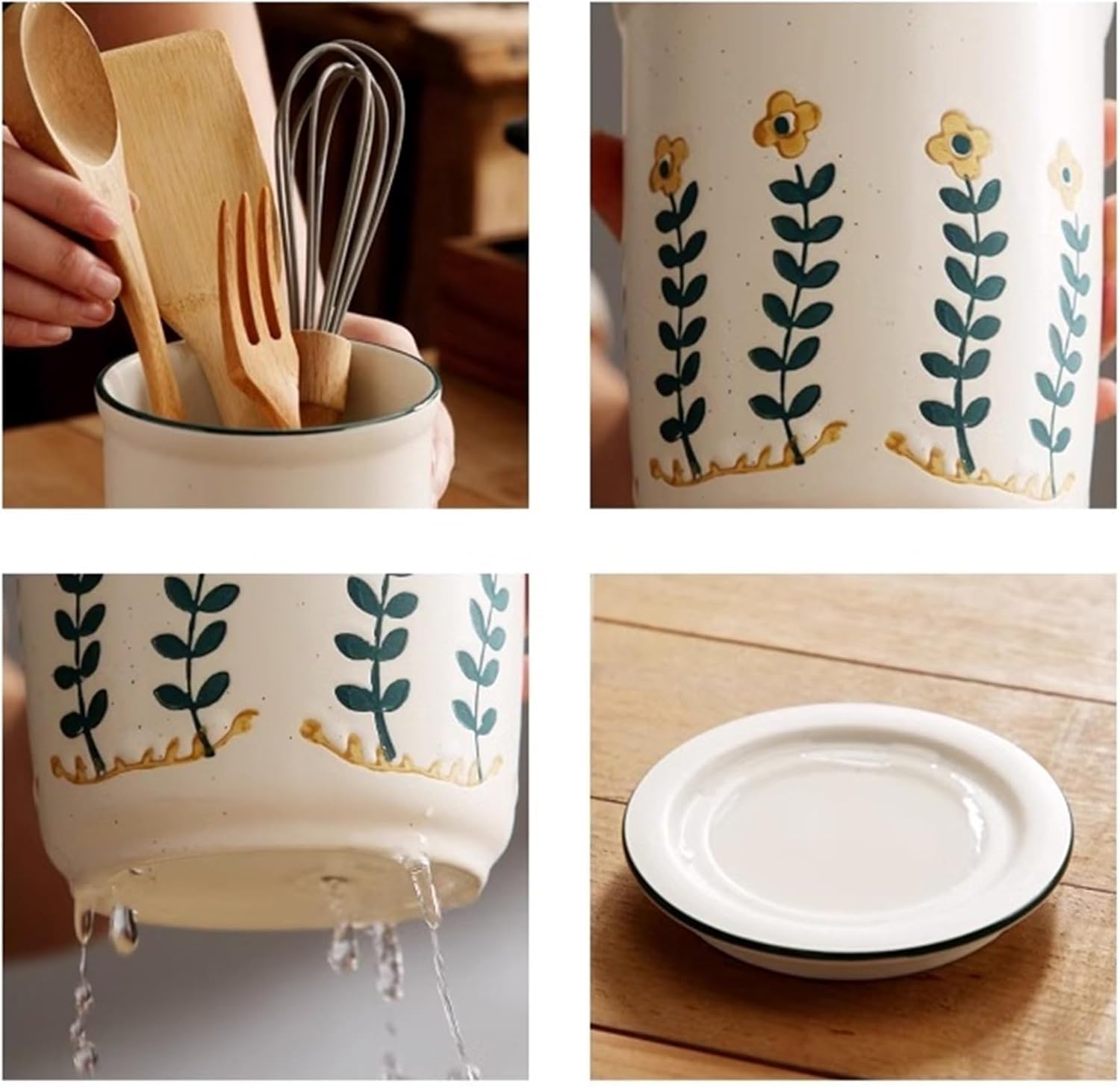 Ceramiczny uchwyt na sztućce, ręcznie malowany ociekacz na przybory i garnek kuchenny, stylowy pojemnik do gotowania z tacą odpływową do łatwego suszenia, organizer na blat