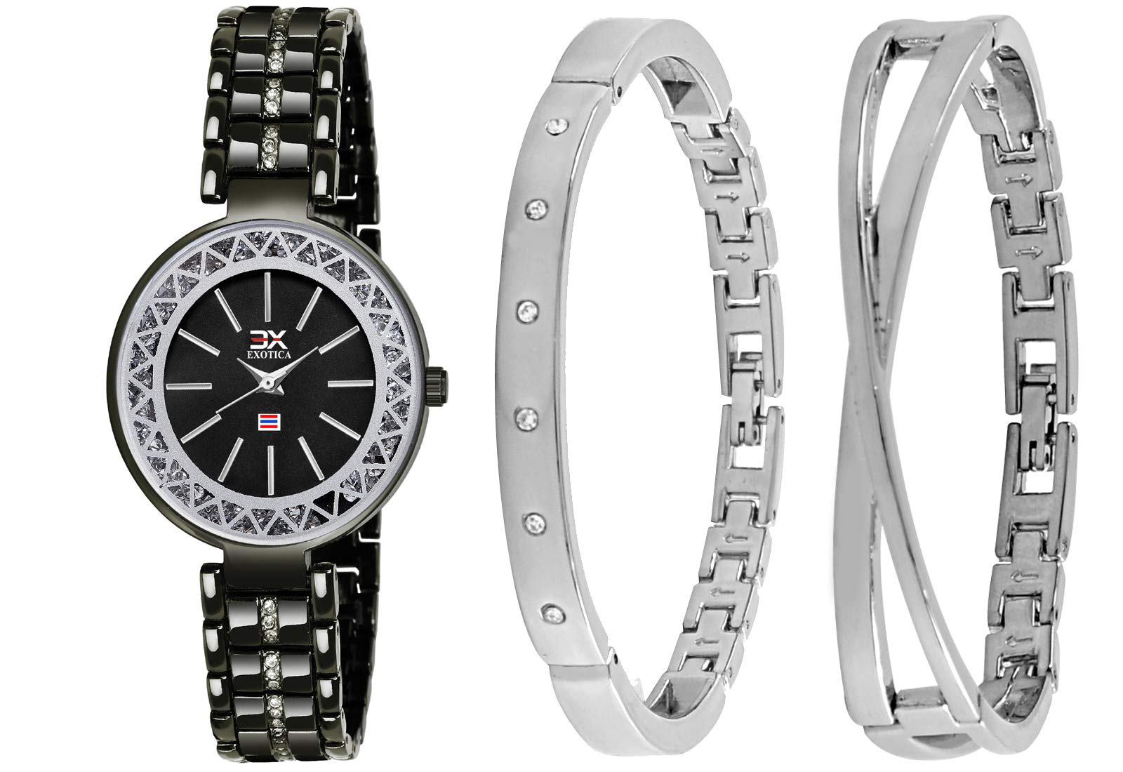 Exotica Fashions Womens Swarovski Crystal Accented Black and Silver-Tone Bangle Watch and Bracelet Set (B08DJ8Z5Q8) Amazon Price History, Amazon Price Tracker