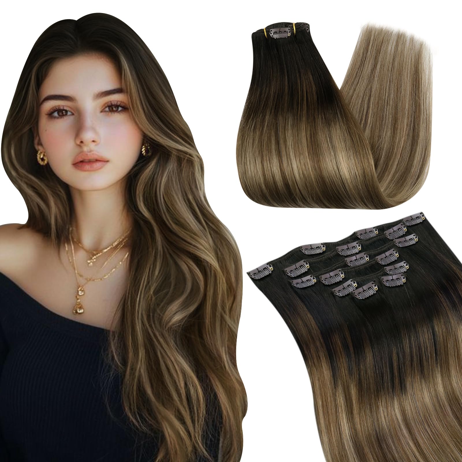 Ugeat Balayage Clip in Hair Extensions 18 Inch Human Hair Extensions Clip ins Dark Brown Clip on Extensions Human Hair Chocolate Brown Ombre Double