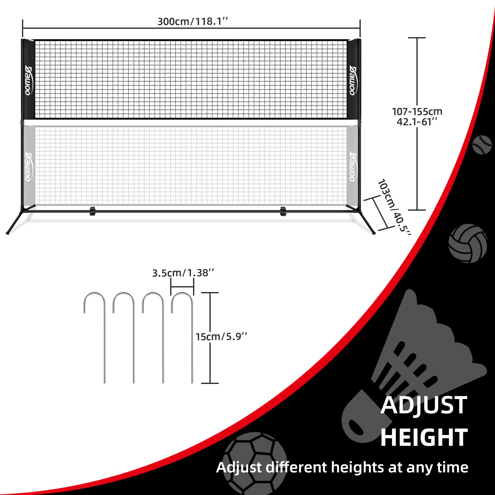 DAWOO Portable Tennis Net Set - Easy Setup, Lightweight, Adjustable, Durable & Convenient.