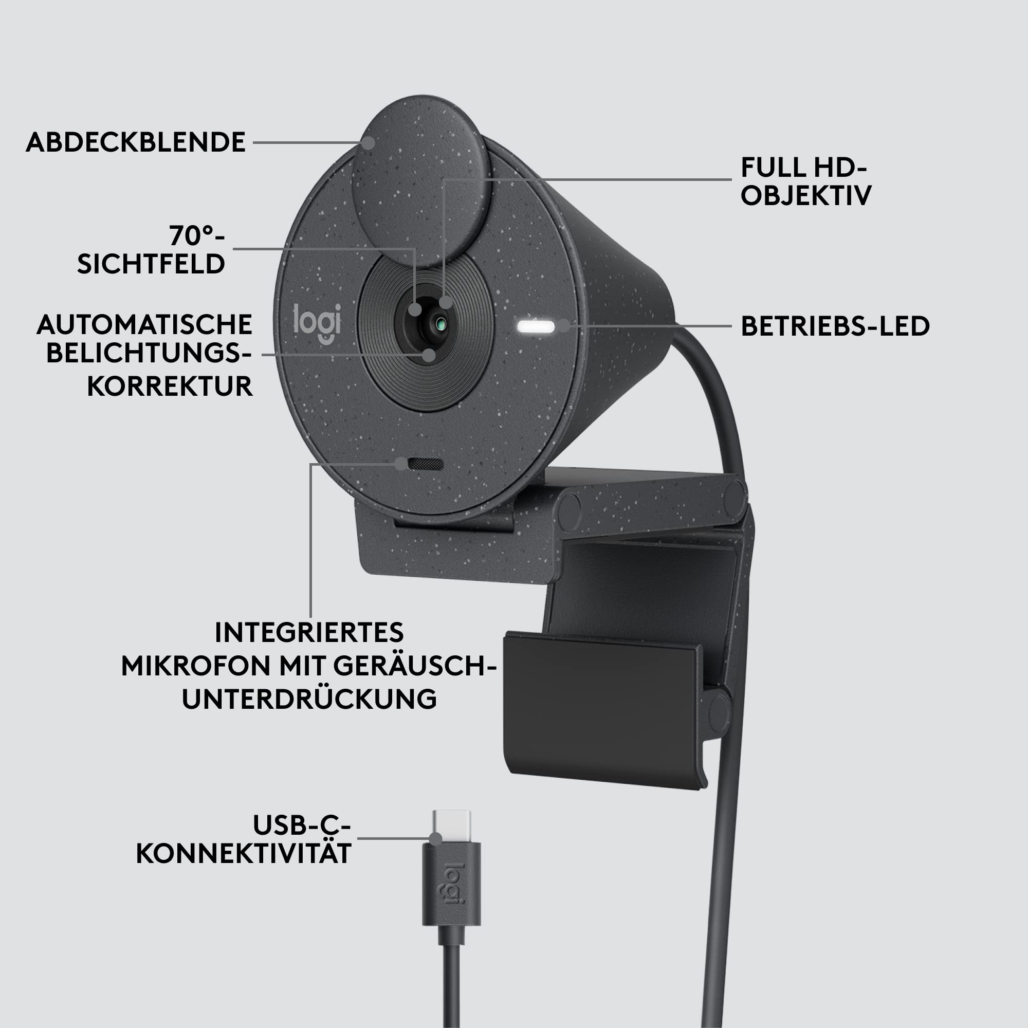 Logitech Brio 300 Full HD-Webcam mit Sichtschutz, Mikrofon mit Rauschunterdrückung, USB-C, Zertifiziert für Zoom, Microsoft Teams, Google Meet, Streaming, Automatische Lichtkorrektur - Graphit