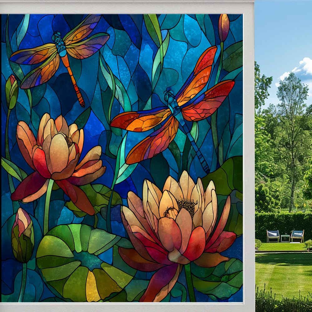 Water Lily Dragonfly Privacy Window Film, Lotus Leaf Natural Flowers Frosted Self-Adhesive Vinyl Cling for Glass Doors Bathroom Windows Sun Blocking Heat Control, （80x140cm）