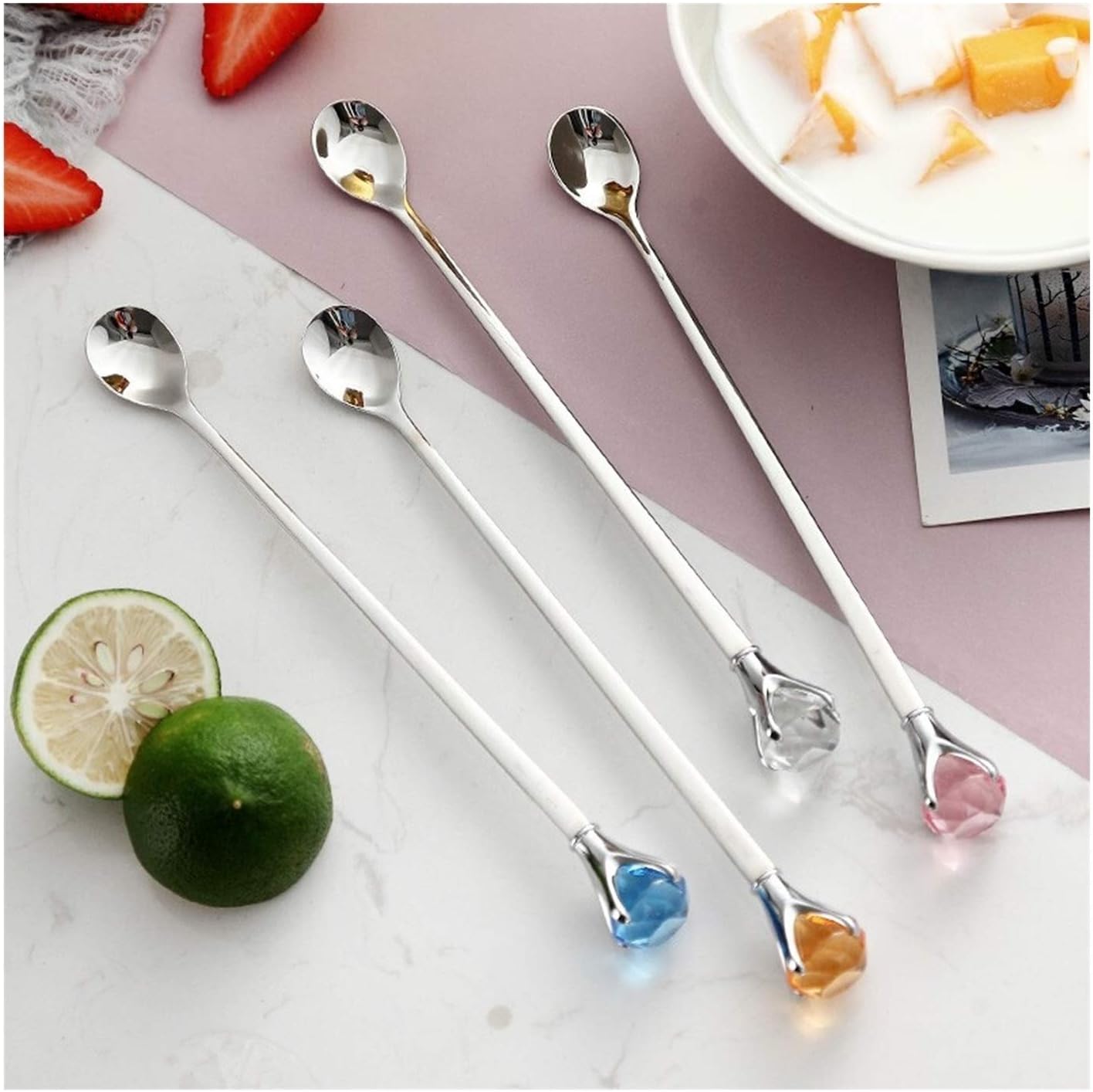 scoop Creative Solid Spoon with Diamonds Long Handle Stainless Steel Latte Spoons Ideal for Coffee Dessert Teaspoons Ice Cream soup spoon, 20010125