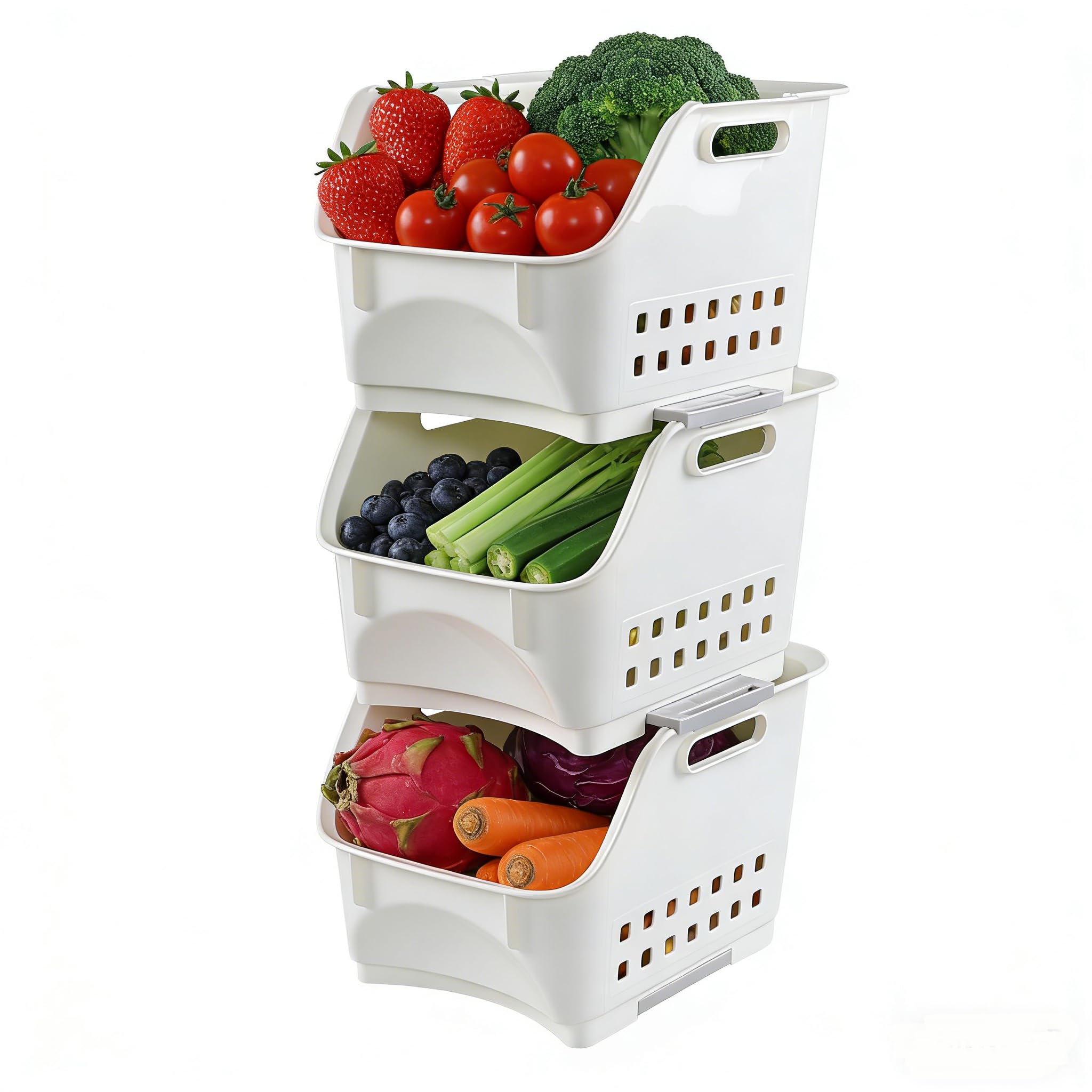 Lesbye White 3 Packs Plastic Stacking Storage Basket, Multifunctional Stacking Baskets, Kitchen Vegetable And Fruit Rack Bin,