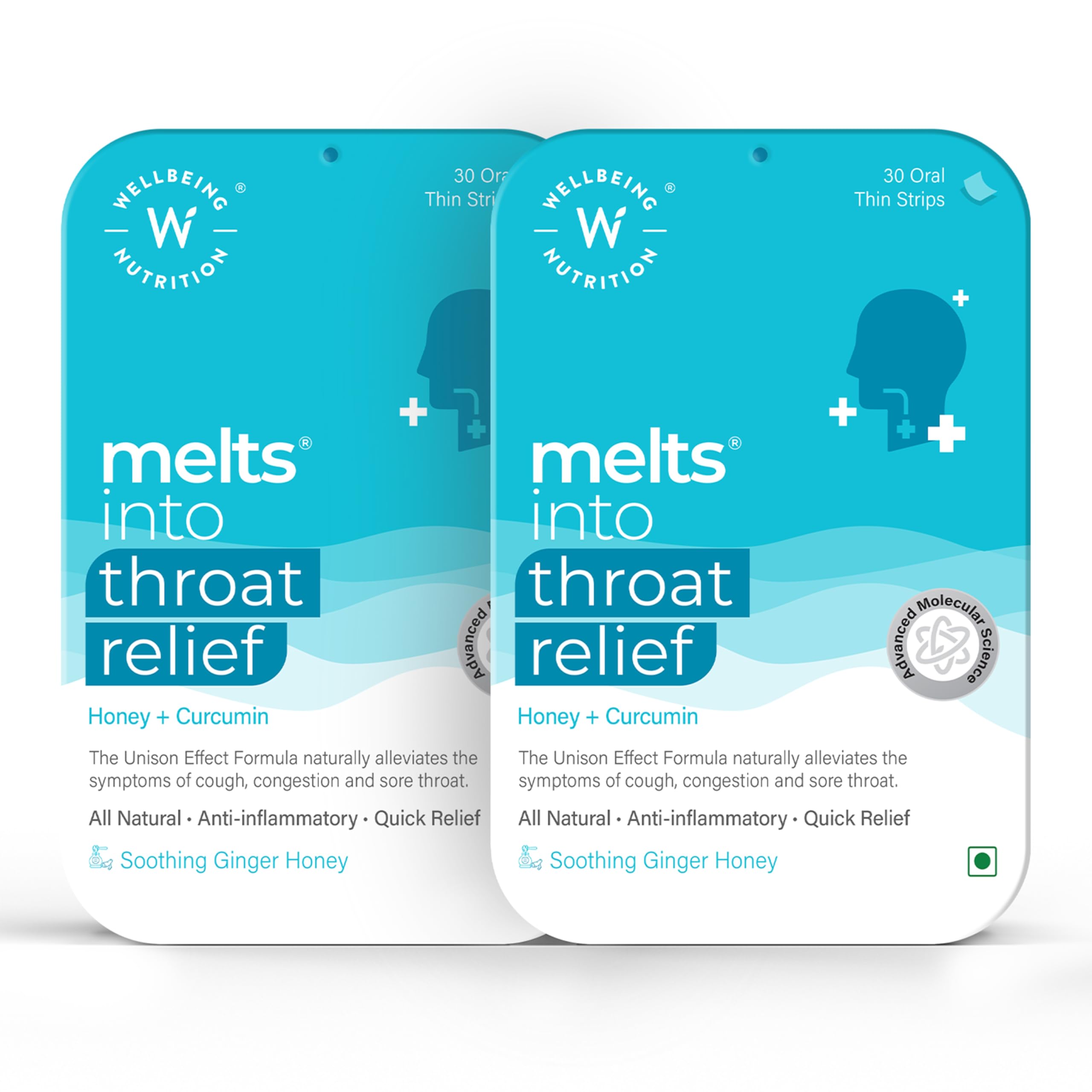 Wellbeing Nutrition Melts instant Throat Relief with 100% Natural Tulsi, Manuka Honey, Clove, Licorice, Curcumin, Ginger, Mint (30 Oral Strips) (30 Strips Pack of 2)