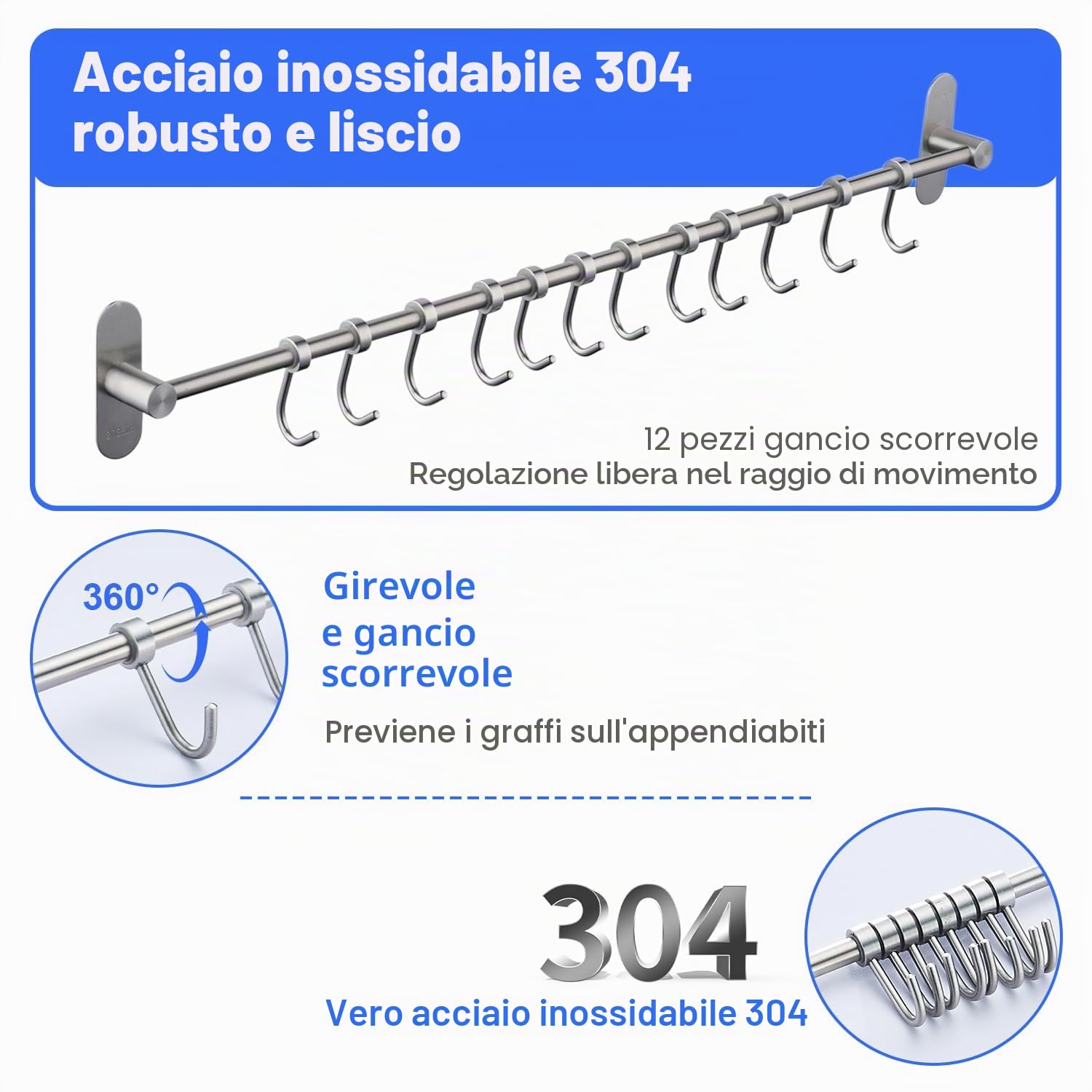 Porta Utensili da Cucina in Acciaio Inox con 12 Ganci Nessuna Perforazione, Nichel Spazzolato