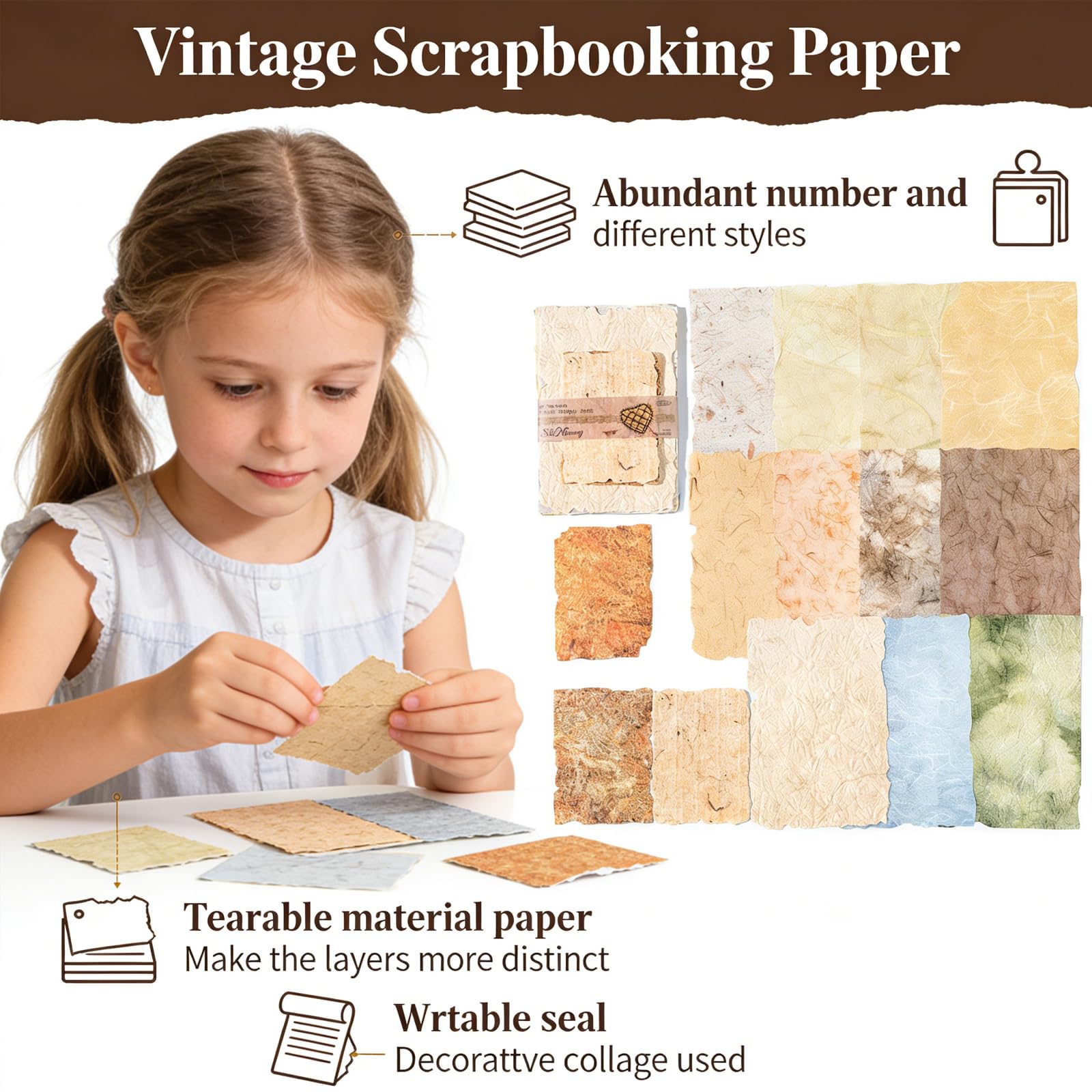Zestaw papieru w stylu vintage, 112 sztuk, teksturowane i wytłaczane, do dzienników śmieci, tworzenia kartek, rękodzieła, kolażu mieszanych mediów