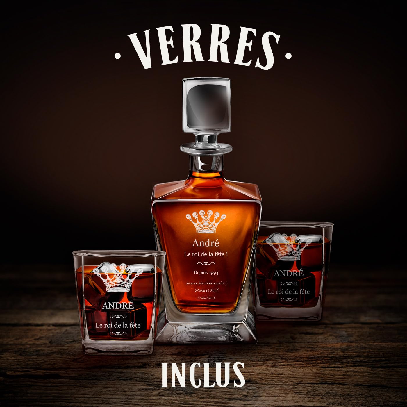 Maverton Ensemble à whisky personnalisé pour homme - 800 ml carafe + 2/4 / 6 verres de 250ml - Set gravé pour connaisseur - Avec motif décoratif - pour anniversaire - pour papa - fete