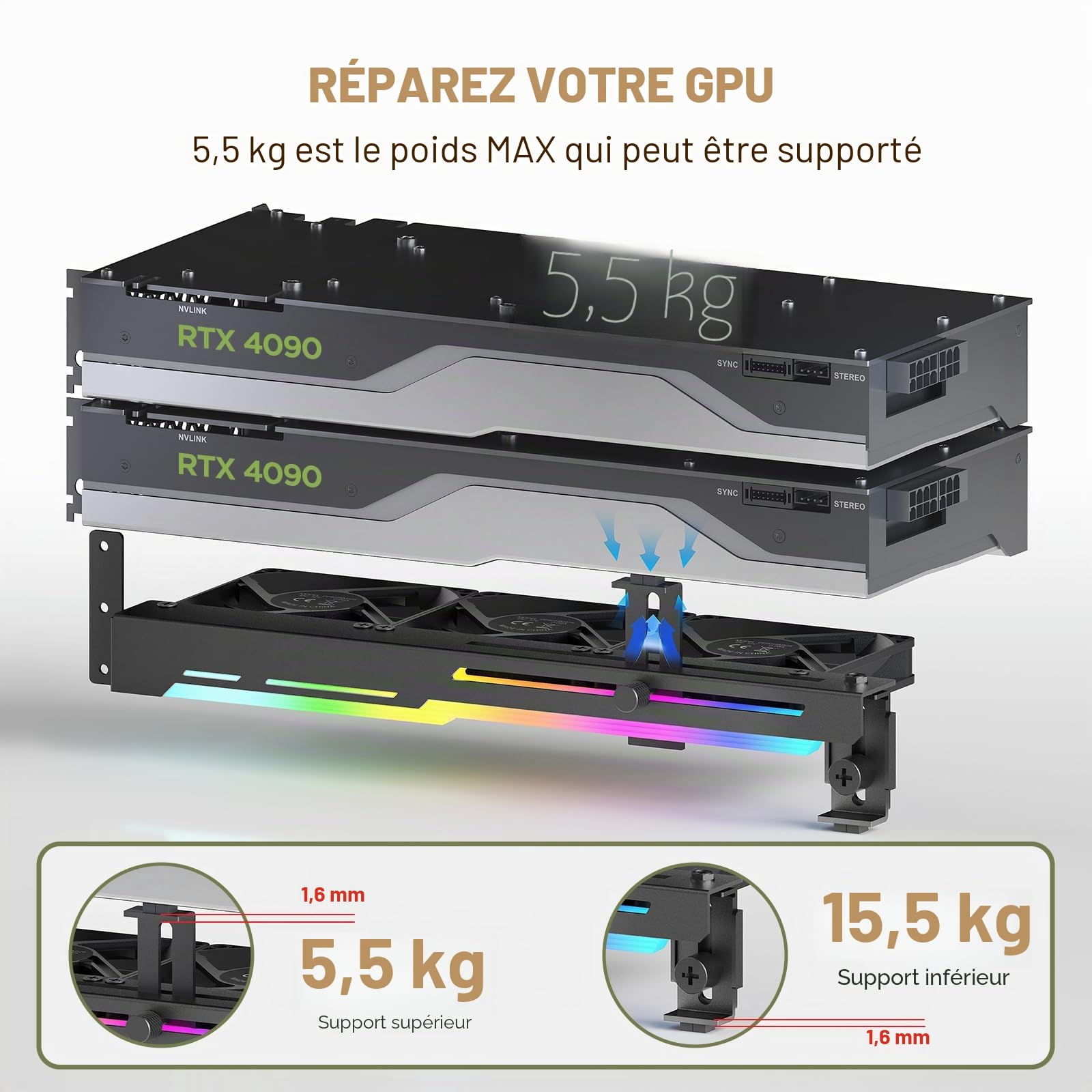 AsiaHorse Ventilateur PWM 80 mm pour ordinateur, carte graphique avec support de carte graphique, 5 V 3 broches ARGB, GPU, avec contrôle Aura Sync jusqu'à 3000 tr/min, noir