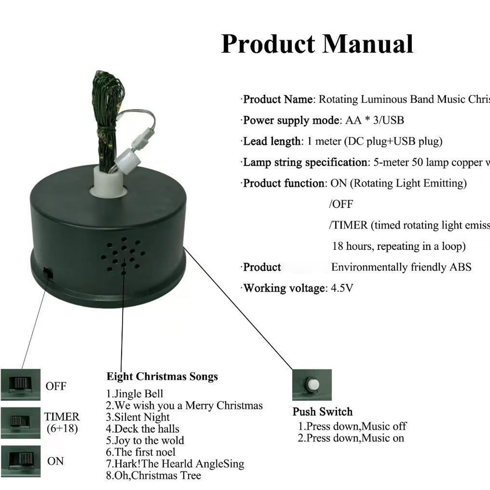 PANGBOER Girevole per Albero Natalizio da Tavolo con Luce Calda a Filo LED, funzioni Musicali e Timer per Decorazioni Natalizie, tavoli per Feste e vetrine Piccola Base per Albero Natale Rotante