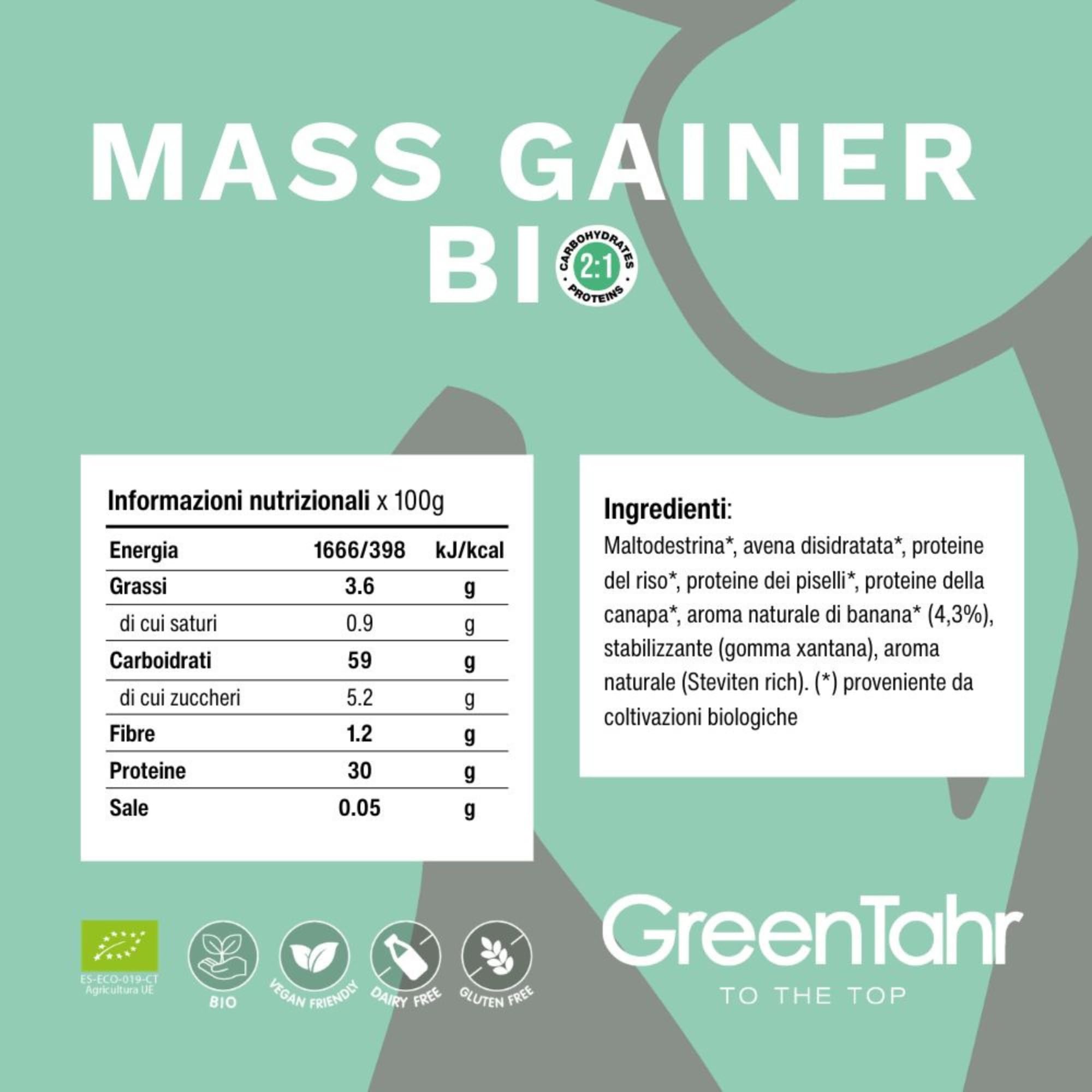 Green Tahr Mass Gainer Vegano Bio. Integratore Carboidrati e Proteine in Polvere per Aumentare Massa Muscolare. Senza Glutine, con Maltodestrine e Vegan Protein. Gusto Banana. 17 Dosi, 1,2 Kg