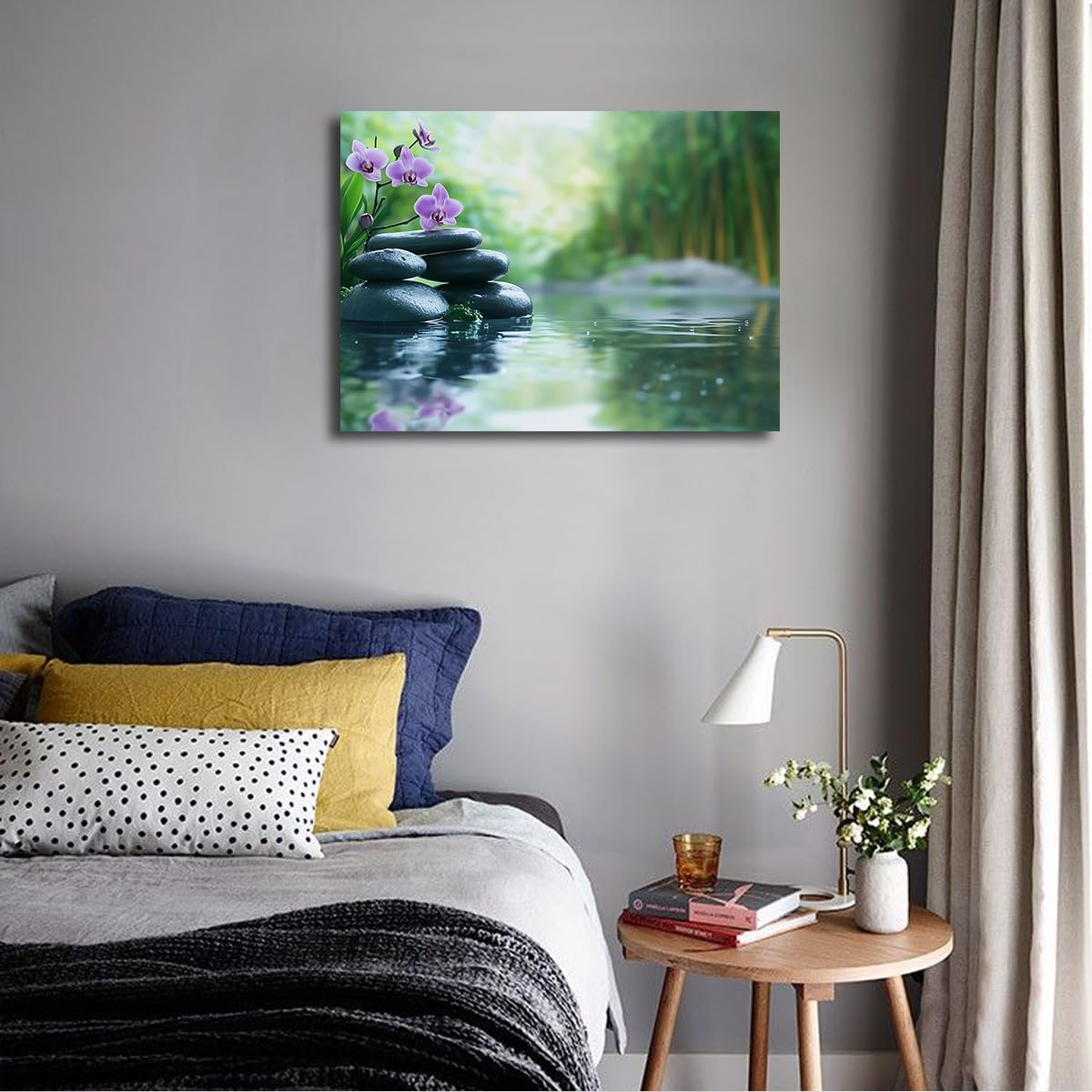 TOANGWALL Naturaleza Spa Basalto Piedras Orquídea Lienzo Arte Pared Baño Verde Púrpura Bambú Agua Escena Impresiones para Salón Hotel Decoración 85x100cm