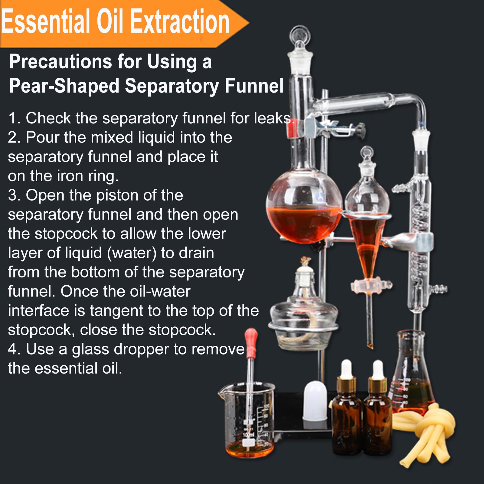 Destilador de aceites Esenciales de 500 ml, Aparato de destilación de Laboratorio con Embudo de separación y Tubo Condensador, Ideal para destilar y producir su Propio Aceite Esencial