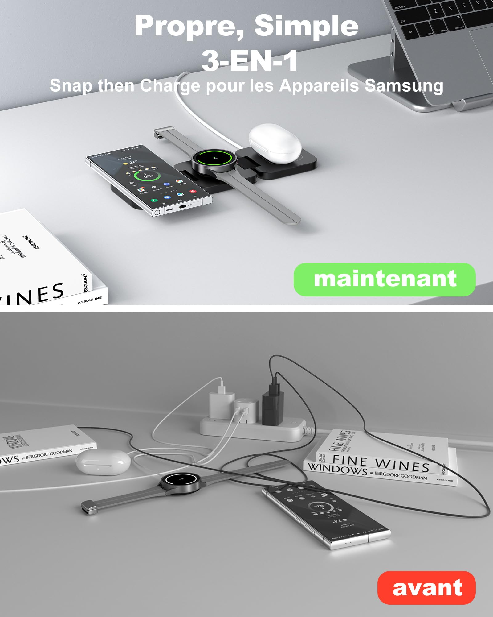 KU XIU Chargeur Induction pour Samsung, Magnétique Pliable Chargeur sans Fil pour Galaxy S25 Ultra S24 S23 S22 Note Z Fold Flip, Chargeur 3 en 1 pour Galaxy Watch Ultra 7 6 5 4, pour Galaxy Buds
