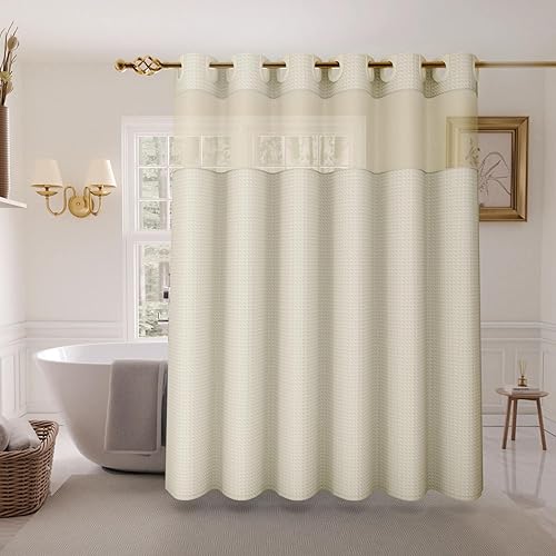 Inhousolu Cortina de Ducha Sin Gancho con Conjunto de Forro de Tela a Presión, Tejido Waffle 230GSM Dobladillo con Peso, Cortina de Baño Impermeable