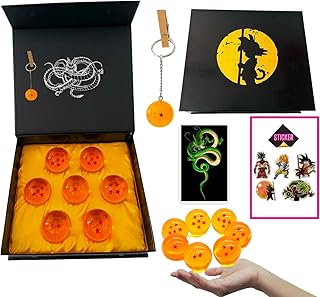 Ensemble de 7 Boules de Dragon (1 à 7 Étoiles) avec Boîte Cadeau, Porte-clés, Autocollants et Carte d'Invocation de Shenlong - Idéal pour Les Collectionneurs ou comme Cadeau pour Enfants