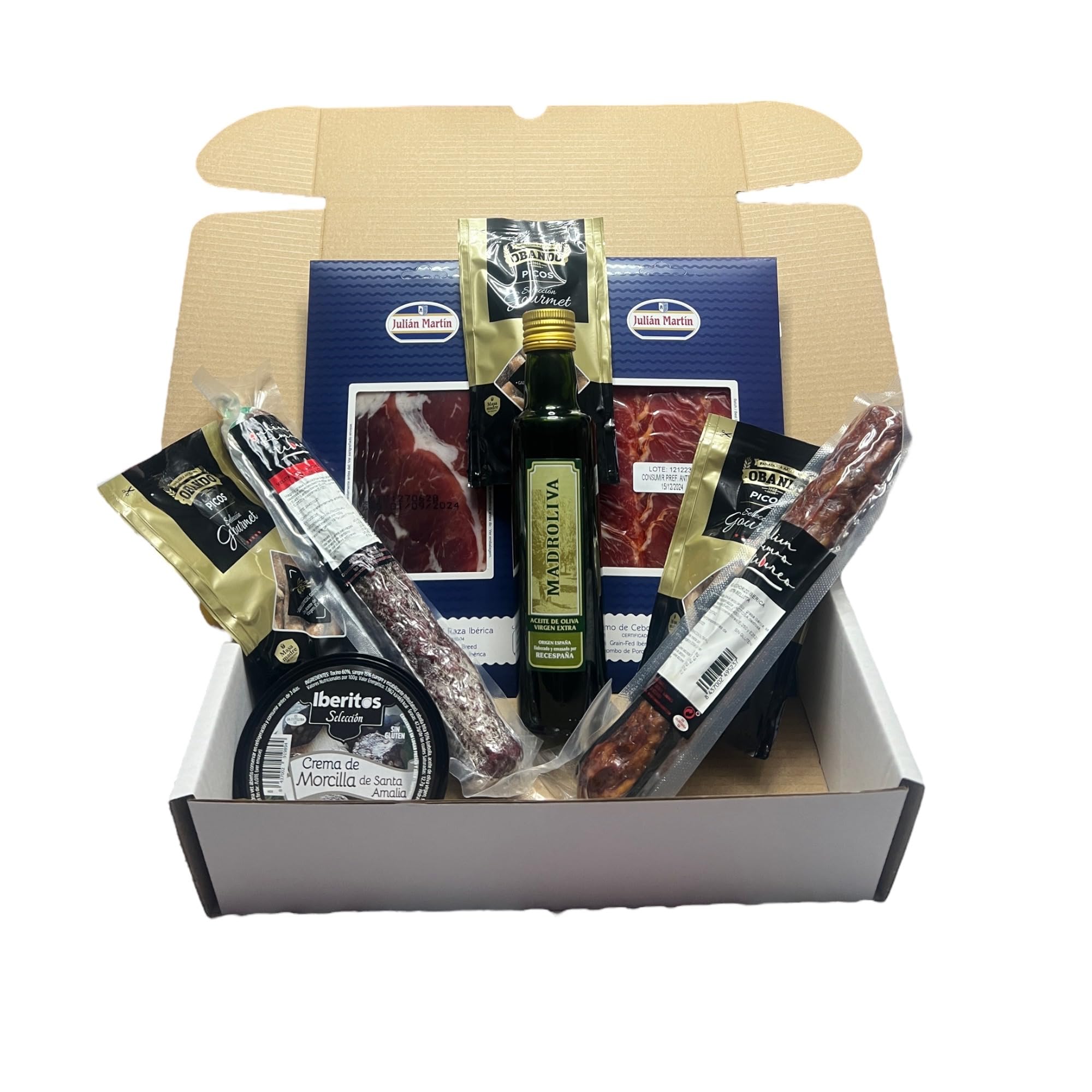 Cesta Gourmet Regalo Embutidos Ibéricos Jamón Caña Lomo Salchichón Chorizo Bellota Aceite Oliva Virgen Extra Picos Rústicos Obando