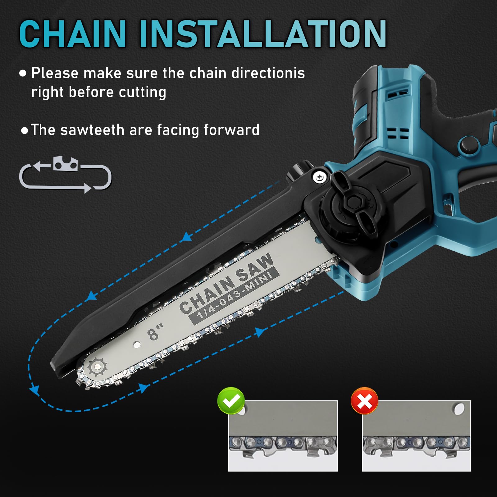 Motosierra Inalámbrica 8 y 6 Pulgadas para Makita 18V (sin Batería) | Mini Motosierra sin Escobillas, Lubricación Automática de Cadena, 2 Placas, 4 Cadenas, Guantes, Gafas y Maletín