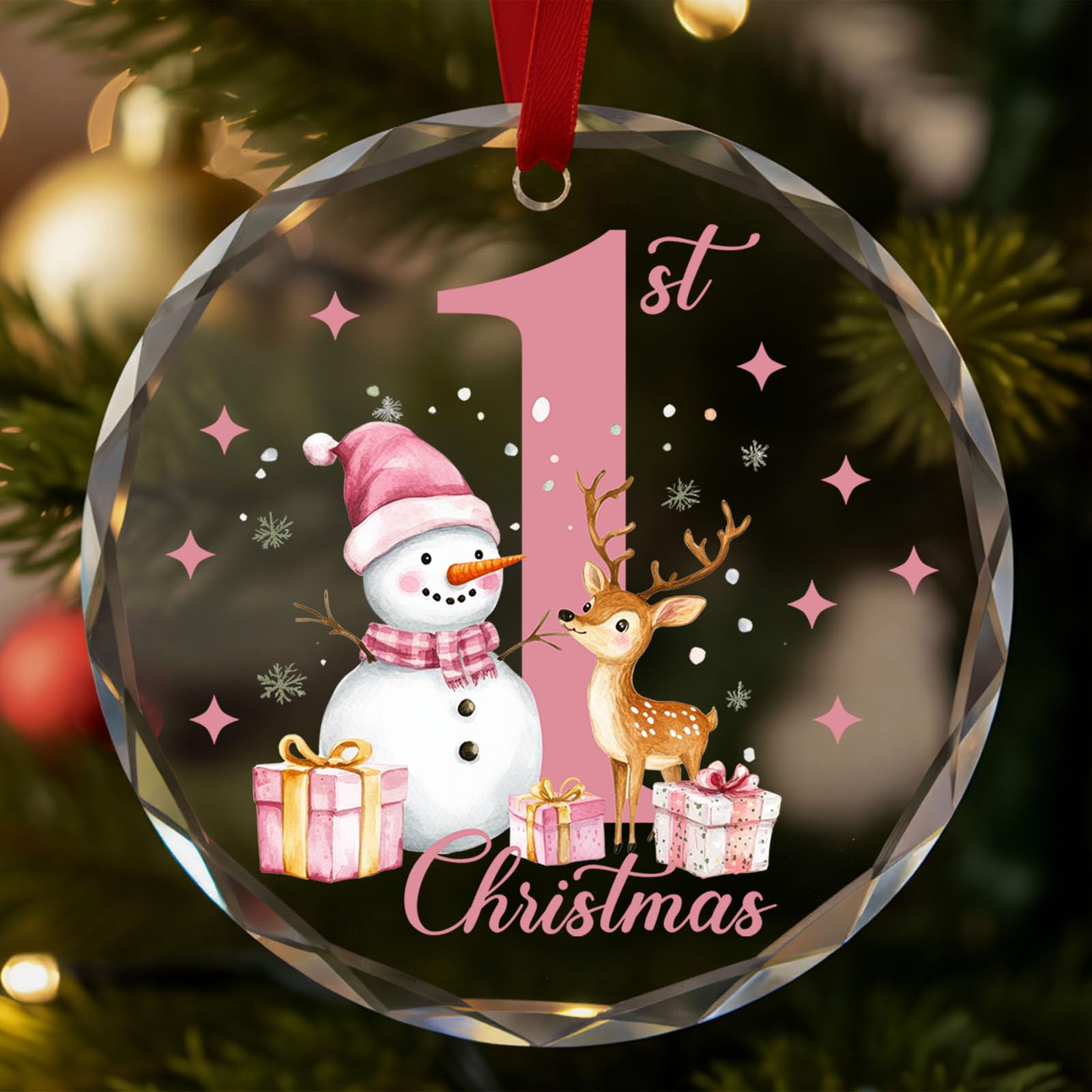 Cadeau de naissance souvenir de Noël bonhomme de neige rose