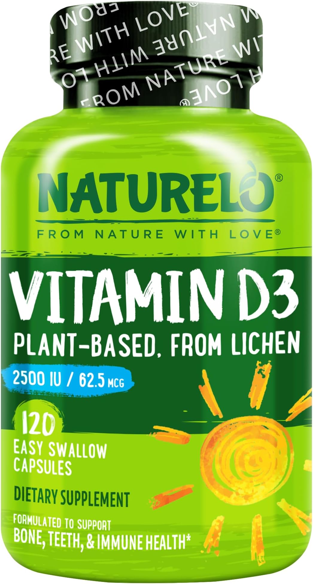 NATURELO Vitamin D3-2500 IU - Plant Based from Lichen - Natural D3 Supplement for Immune System, Bone Support, Joint Health - Vegan - Non-GMO - Gluten Free - 120 Capsules