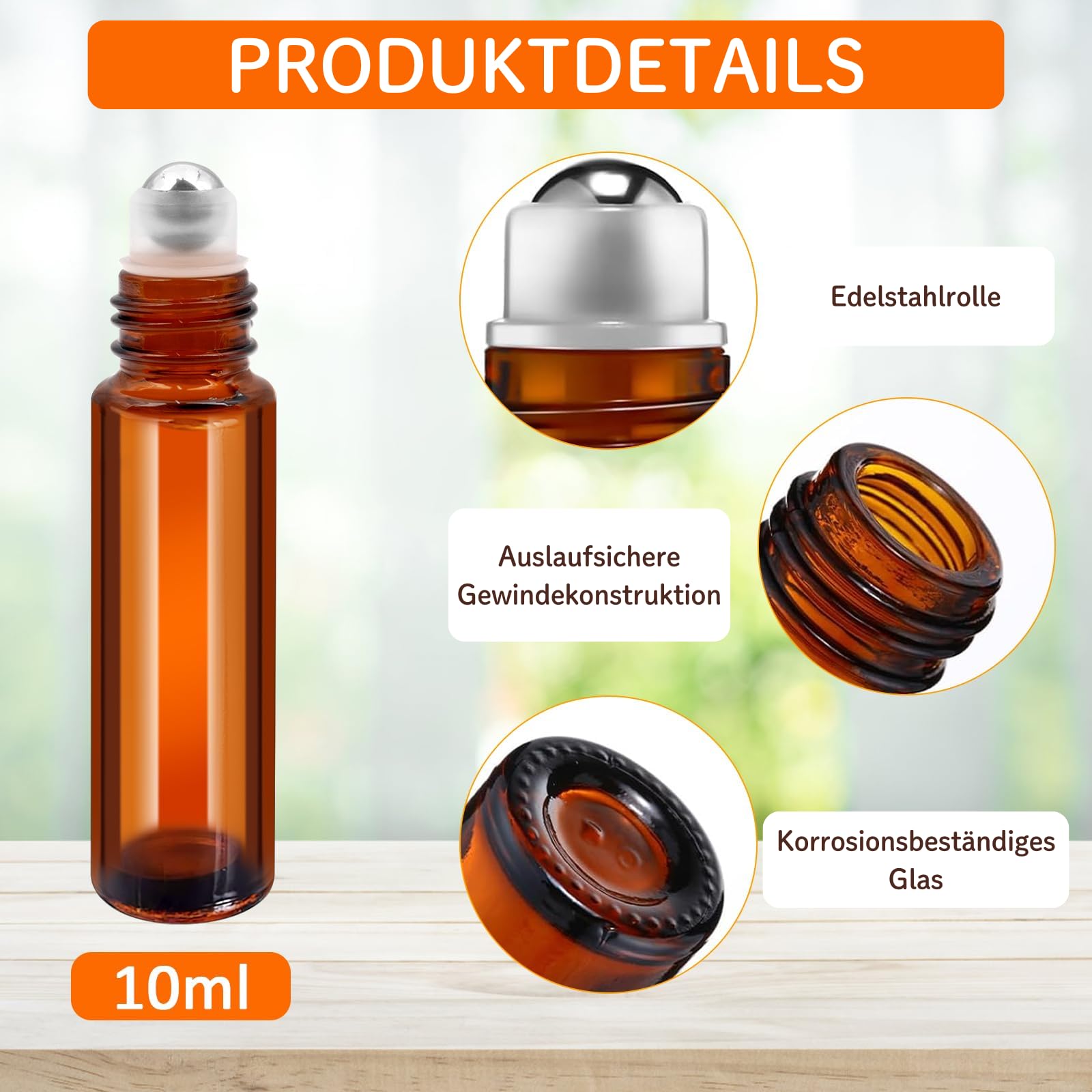 50 bottiglie Roll-On da 10 ml, in vetro ambra, ricaricabili, con sfera in acciaio inox, per oli essenziali, profumi e cosmetici, inclusi 5 tramoggia