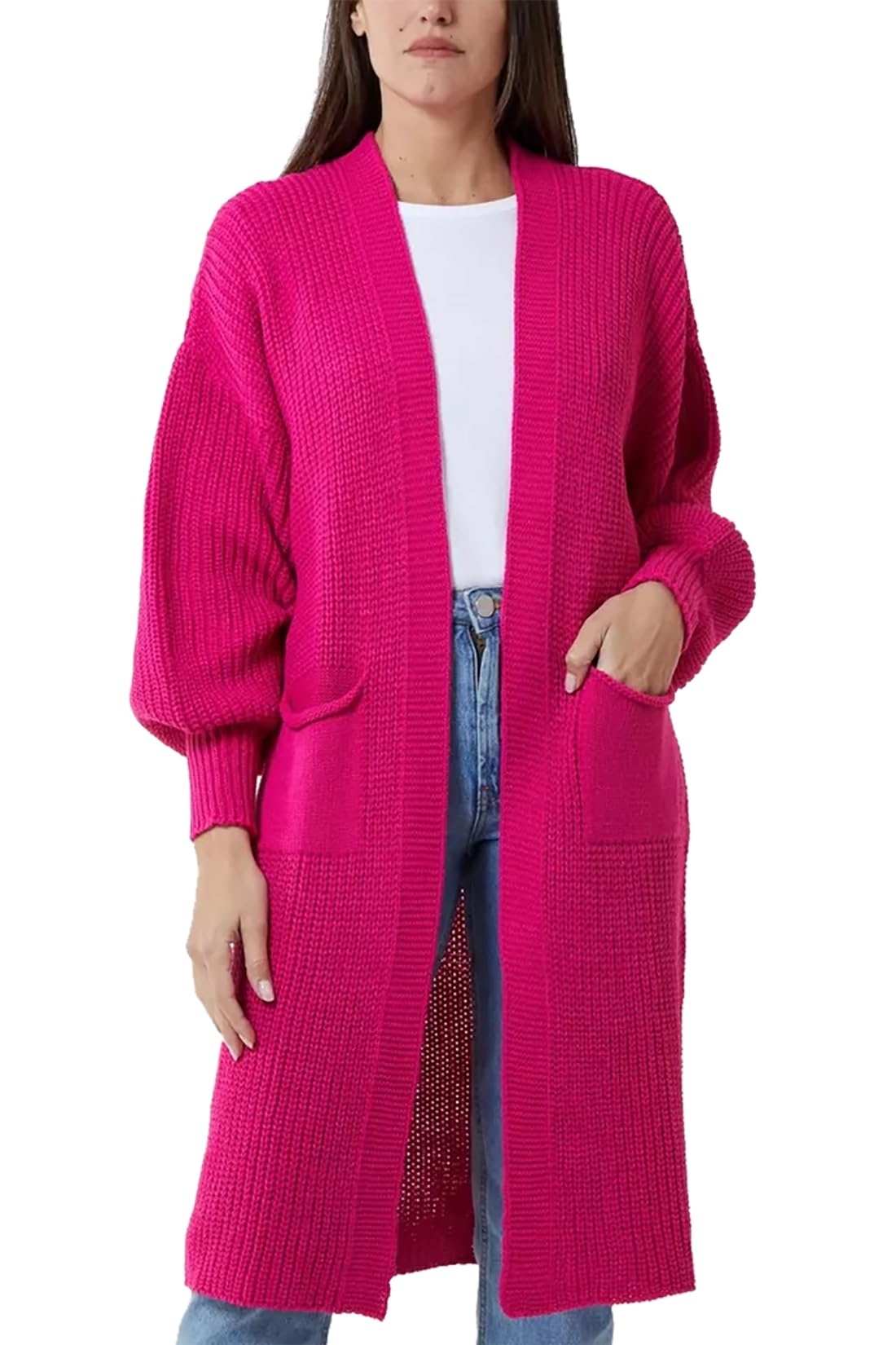 Fairy Trendz Ltd Women's Cerise Open Front Chunky Knitted Cardigan Oversized Balloon Sleeve Jumper Top ( Uk 16-18)