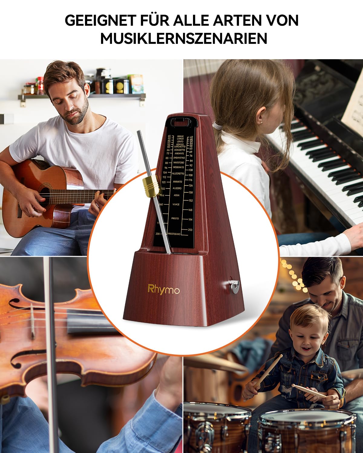 Rhymo Metrónomo Mecánico para Piano/Violín/Guitarra/Bajos e Instrumentos de Viento, Beat Preciso, 40-208 BPM con 4 Modos de Ritmo (2/4, 3/4, 4/4, 6/8), Diseño Clásico de Cuerda(Nogal)